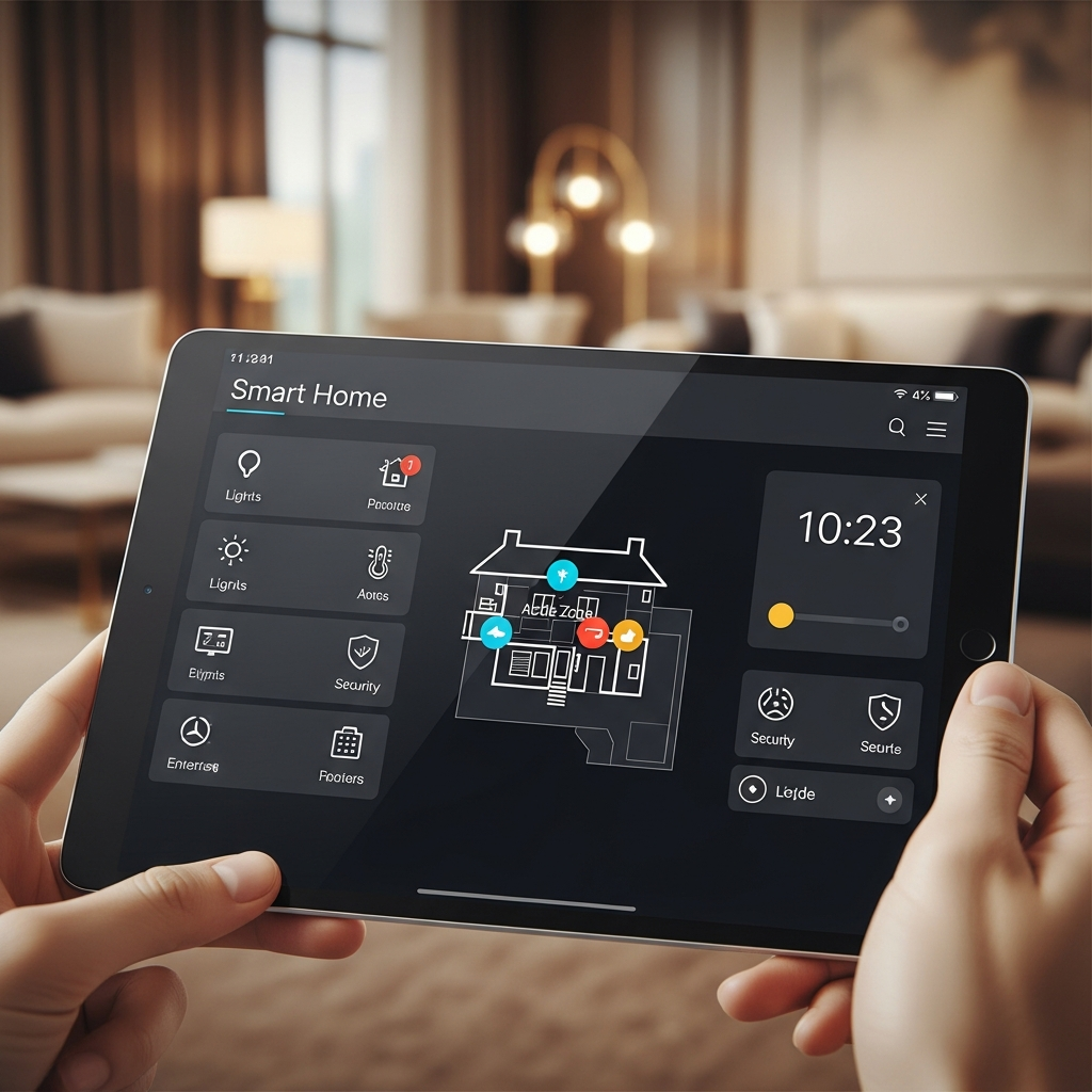 Person holds a tablet displaying a smart home control app with house layout, security system, lights, and other controls, in a living room setting.