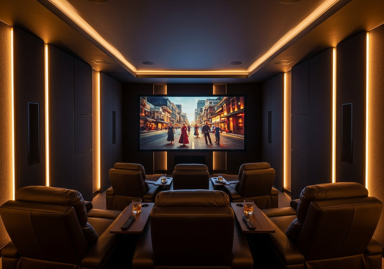 A luxurious home theater room with a large screen showing a city street scene, six leather recliners, and side tables with drinks and remotes, warm ambient lighting, and soundproof walls.