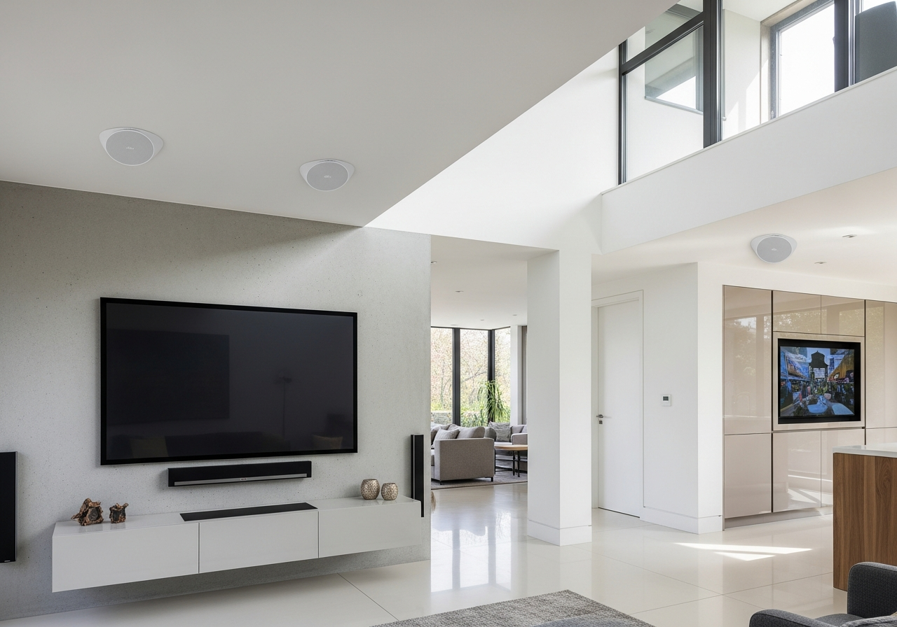 Modern living room with white walls and floors, large flat-screen TV mounted on a wall, a white floating media console, and decorative items. There is a sitting area with sofas visible in the background, and large windows letting in natural light.