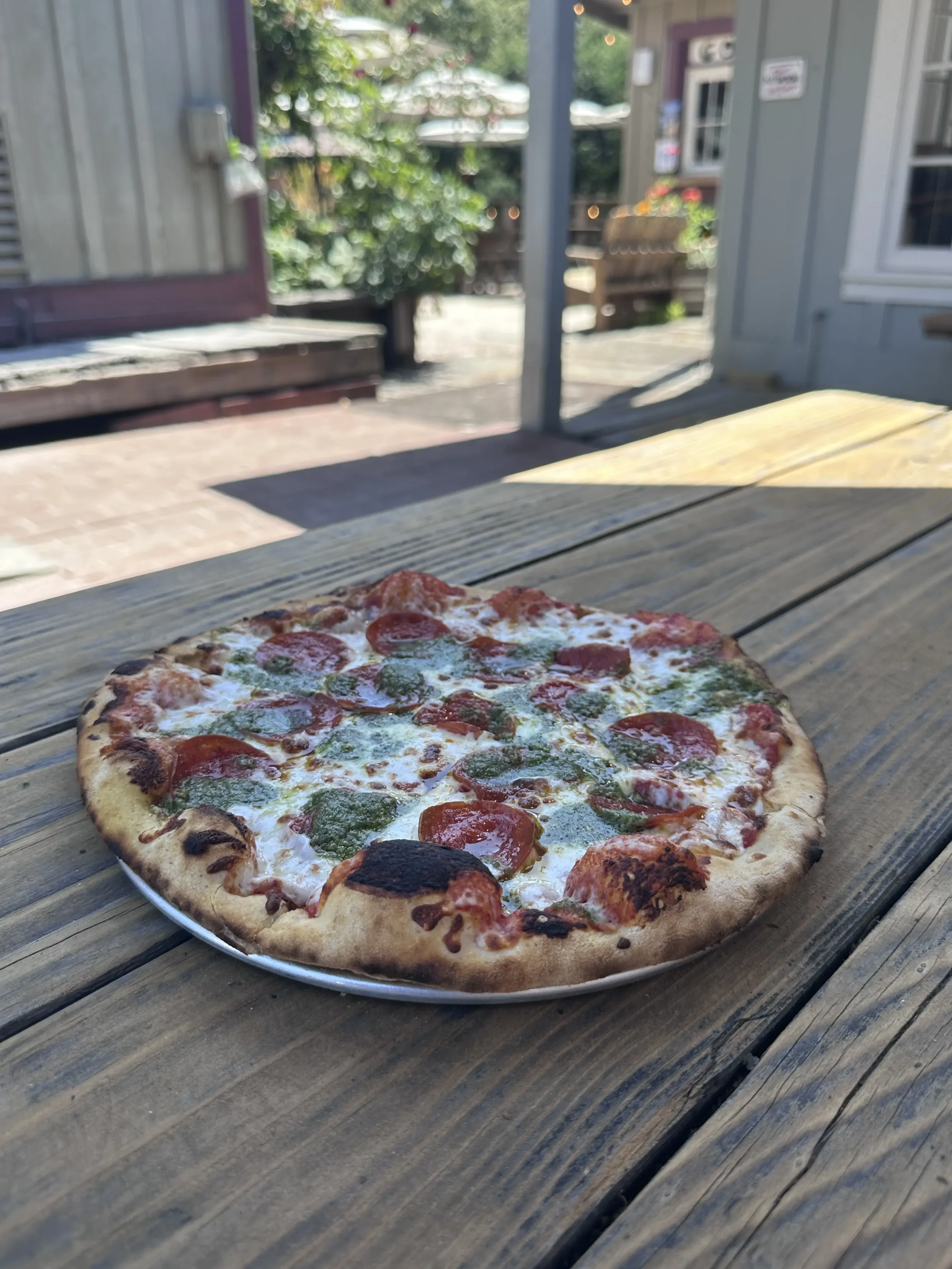 Brick Oven Pizza on a wooden picnic table