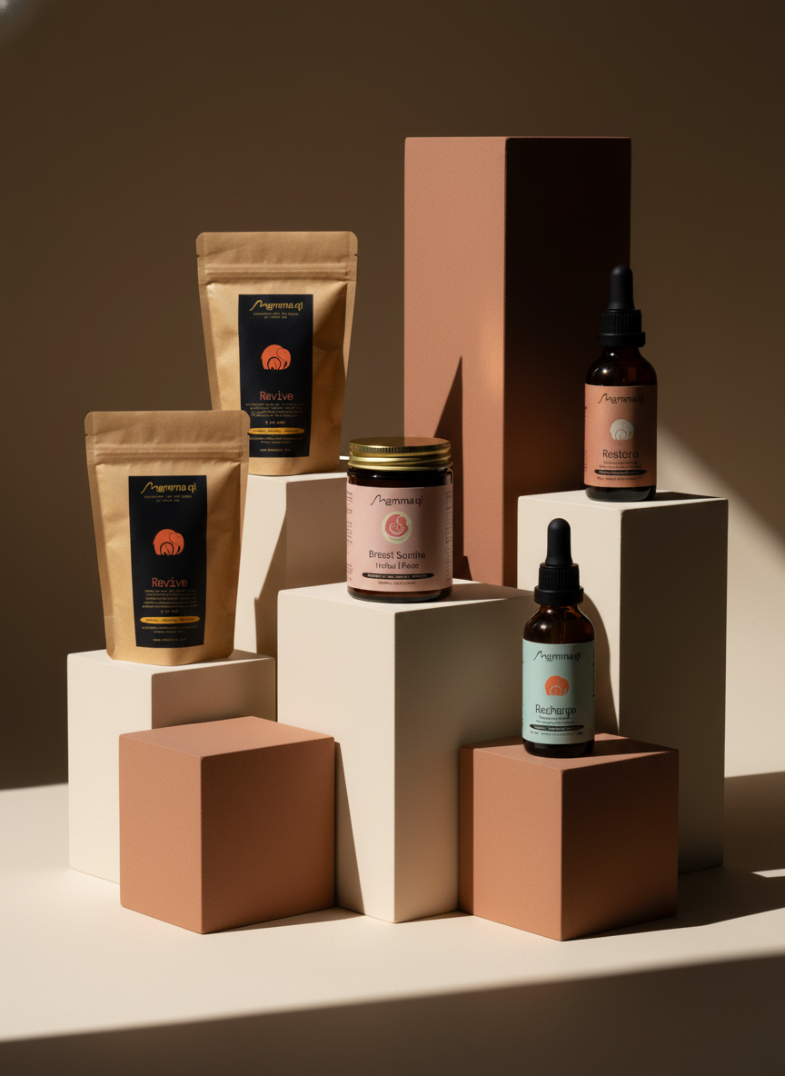 Assorted skincare products displayed on geometric blocks, including jars and bottles with pump dispensers, in neutral and pastel tones with minimalistic design.