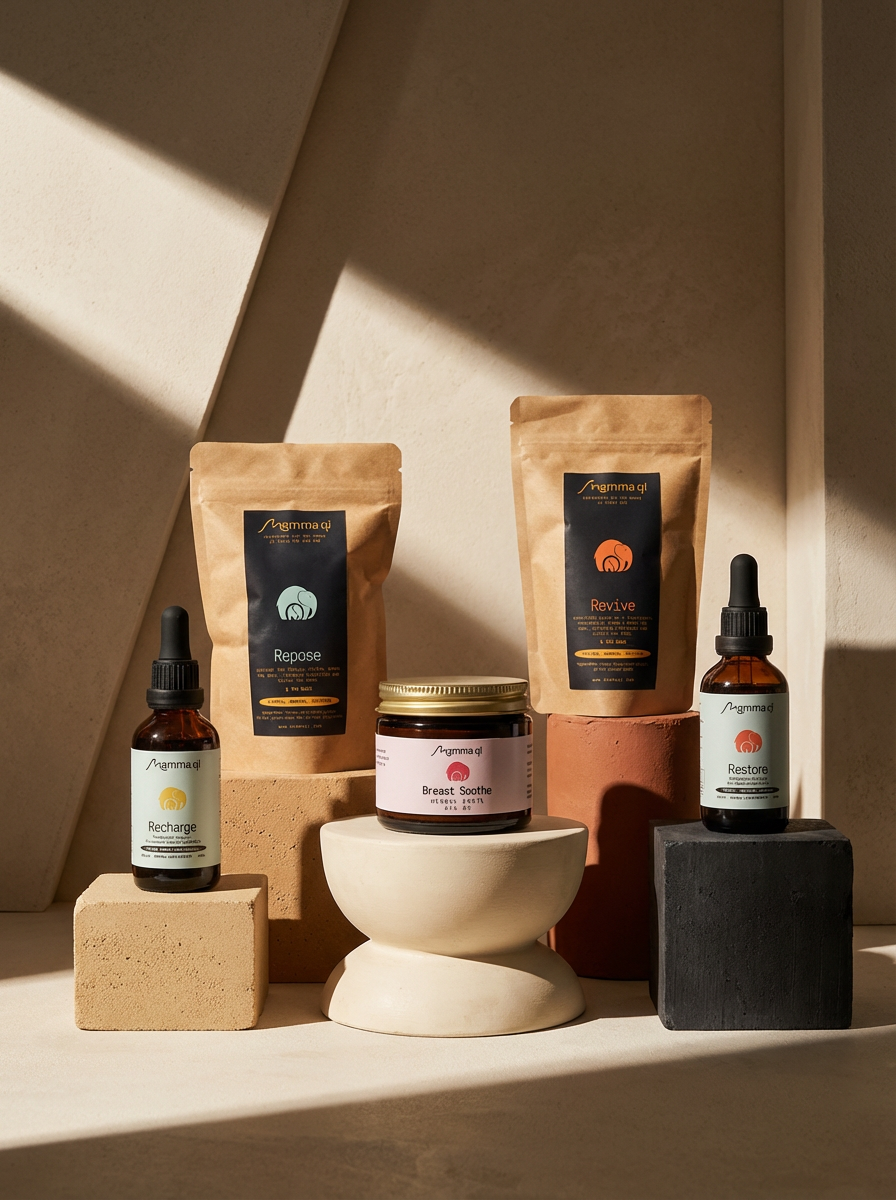 Assorted natural wellness products including bottles and jars on minimalist display with shadows and neutral background.