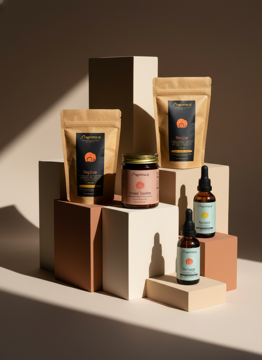 Display of health and wellness products including jars, bottles, and pouches on geometric blocks under spotlight lighting.