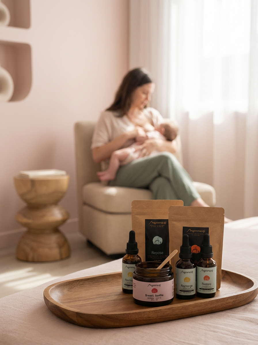 A woman sitting on a beige chair breastfeeding a baby in a softly lit room, with a wooden side table and a tray of health or skincare products in the foreground.
