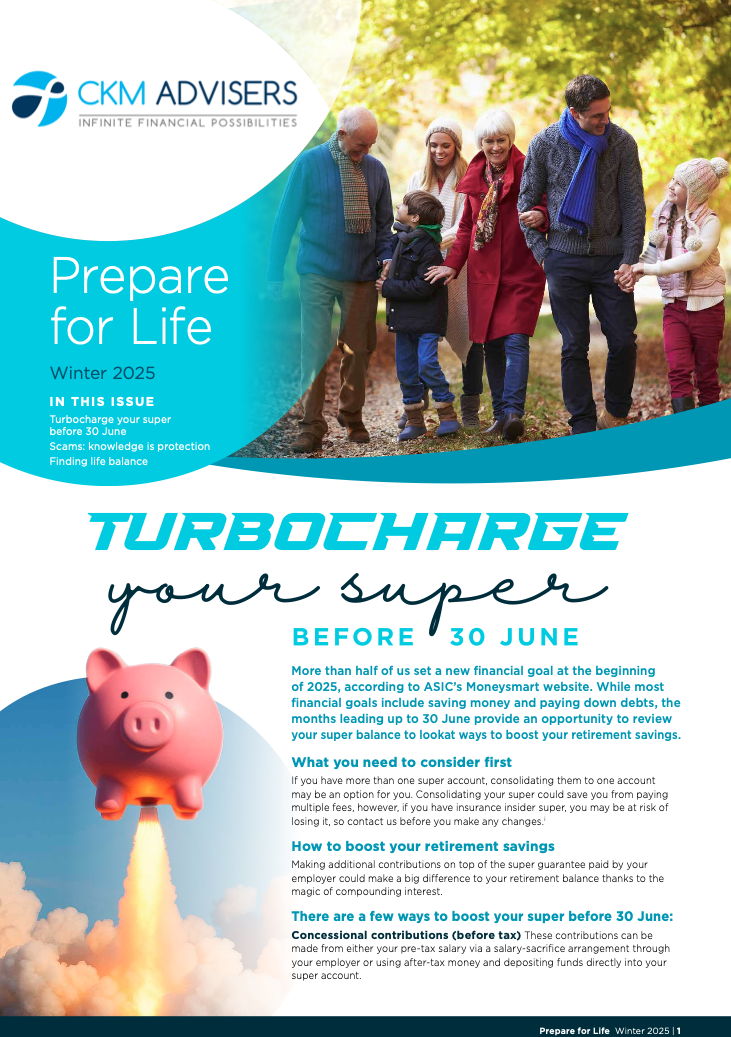 Magazine cover for CKM Advisers featuring a family walking in a park and a pink piggy bank with a rocket engine, promoting financial planning for retirement before June 30.