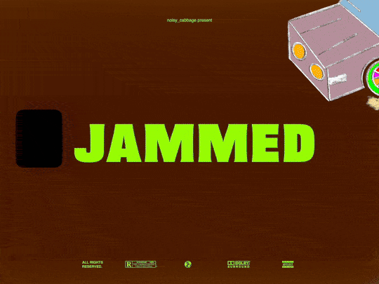 Title screen of a video game called "JAMMED" with a brown background, green text, and various graphic elements.