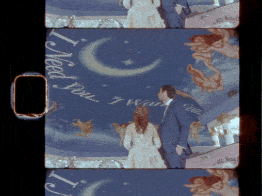 A film strip showing a couple in formal attire standing beneath a painted sky with stars, a crescent moon, and clouds, with partial text that reads 'When you I P'.