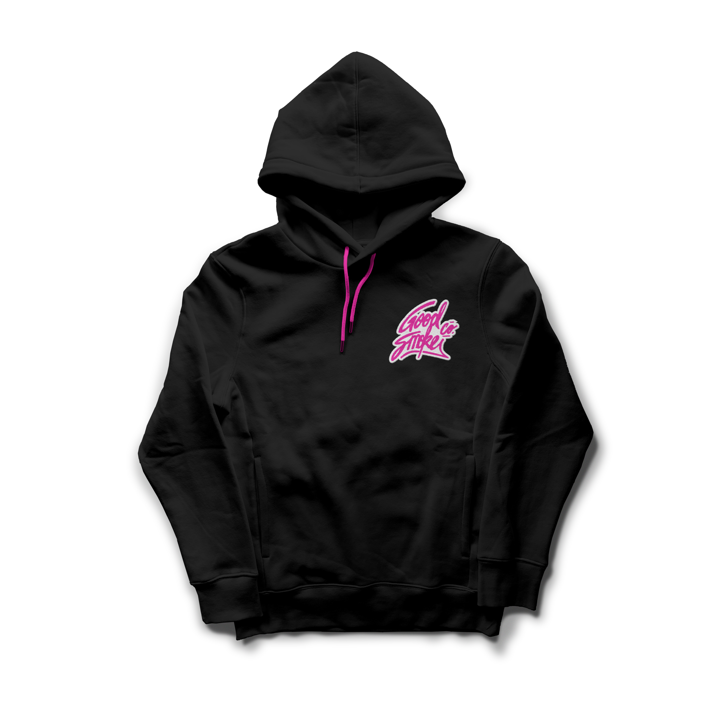 Black hoodie with pink drawstrings and a pink and white embroidered patch that says "Good Mikki" on the front.
