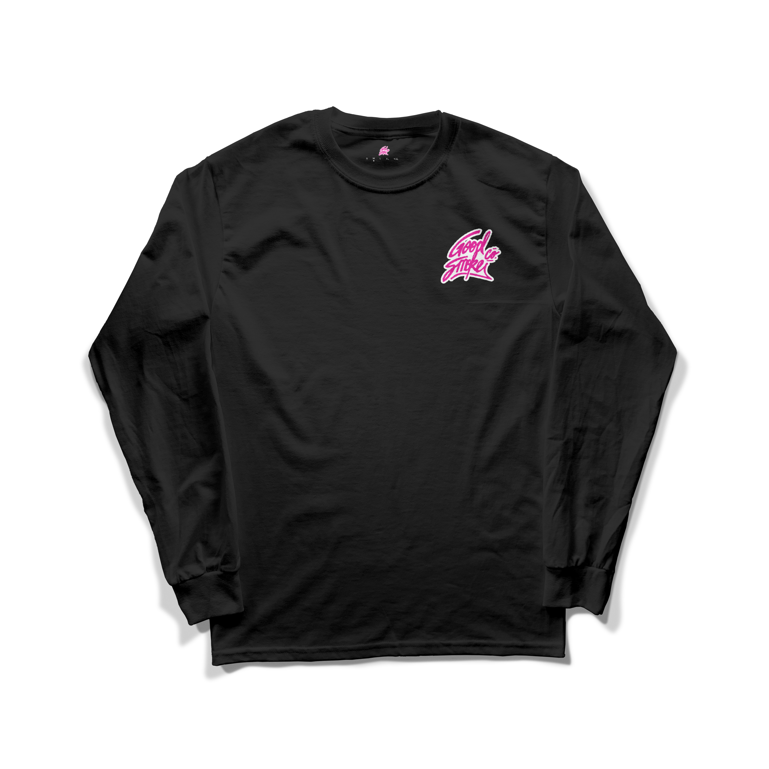 Black long-sleeve shirt with pink and white embroidered patch on upper left chest reading 'Good Enough' with a small graphic.