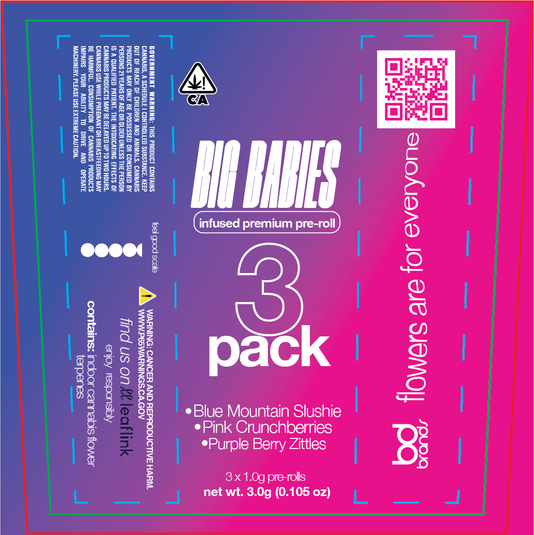 Packaging for Big Babies infused premium pre-rolls, 3 pack, containing Blue Mountain Slushie, Pink Crunchberries, and Purple Berry Zittles, with warning labels, QR code, and colorful gradient background.