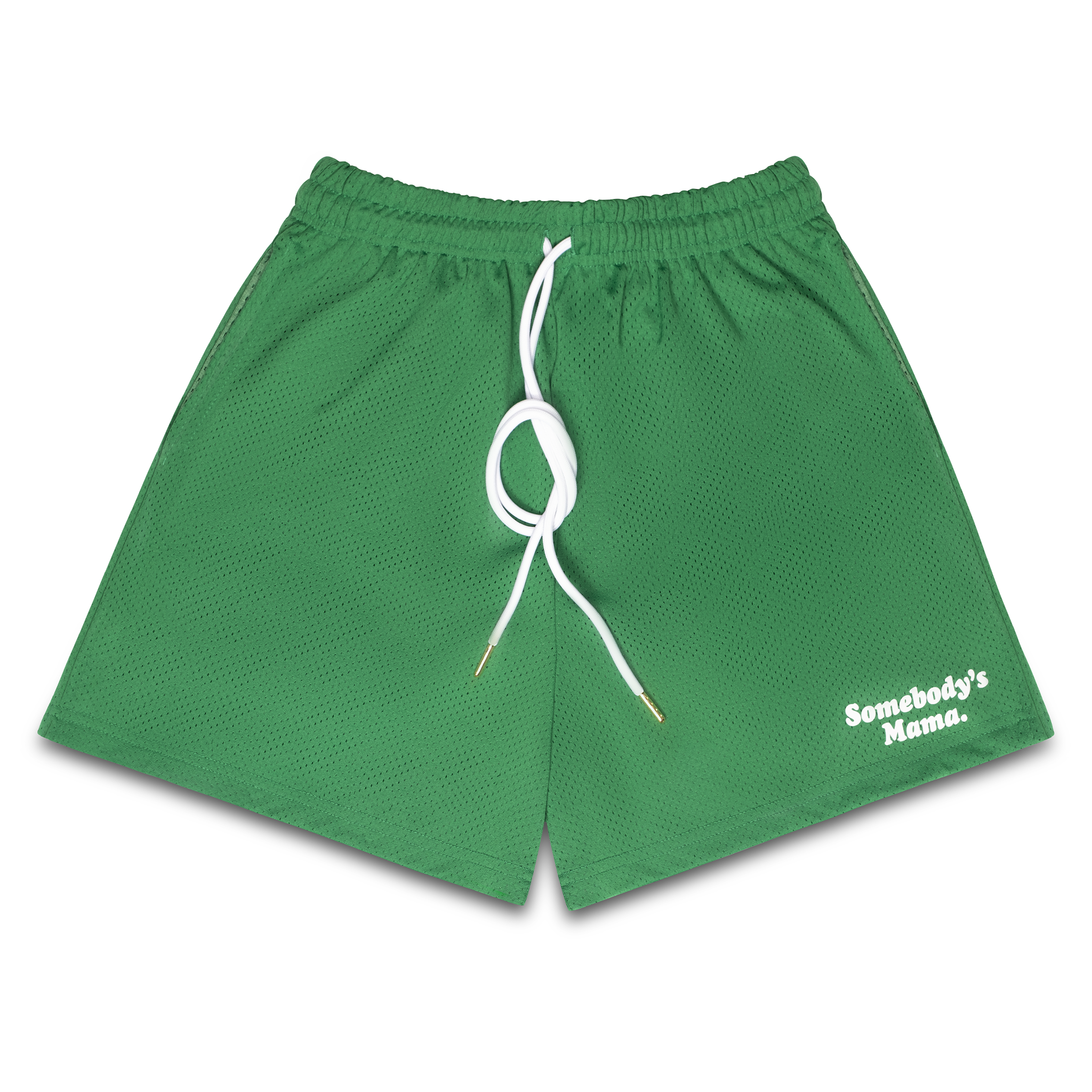 Green mesh athletic shorts with white drawstring and embroidered text 'Somebody's Mama.' on the lower right side.