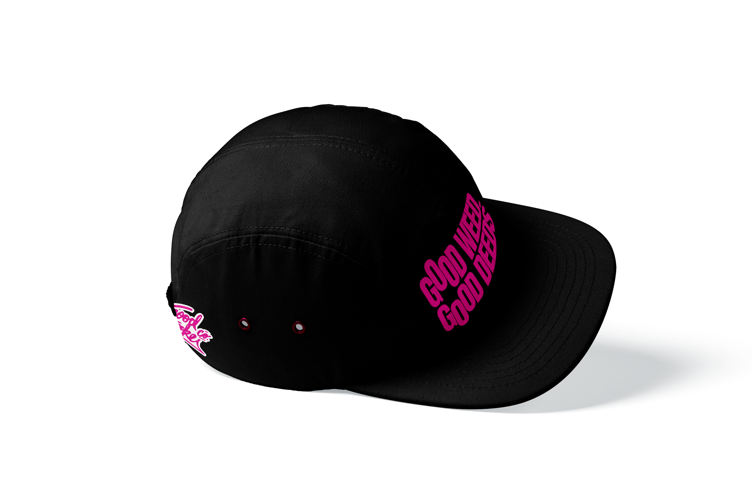 Black baseball cap with purple embroidered text reading 'Good Vibes Good Vibes' on the front panel.