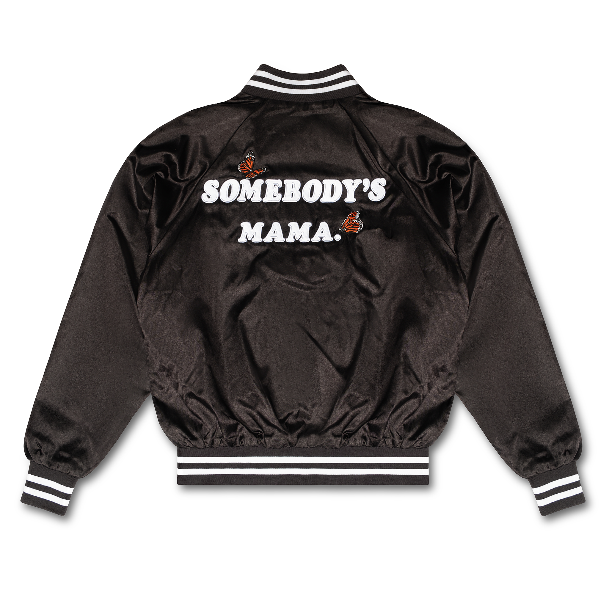 Black satin bomber jacket with white striped cuffs and collar, embroidered with butterflies and the phrase "Somebody's Mama" on the back.