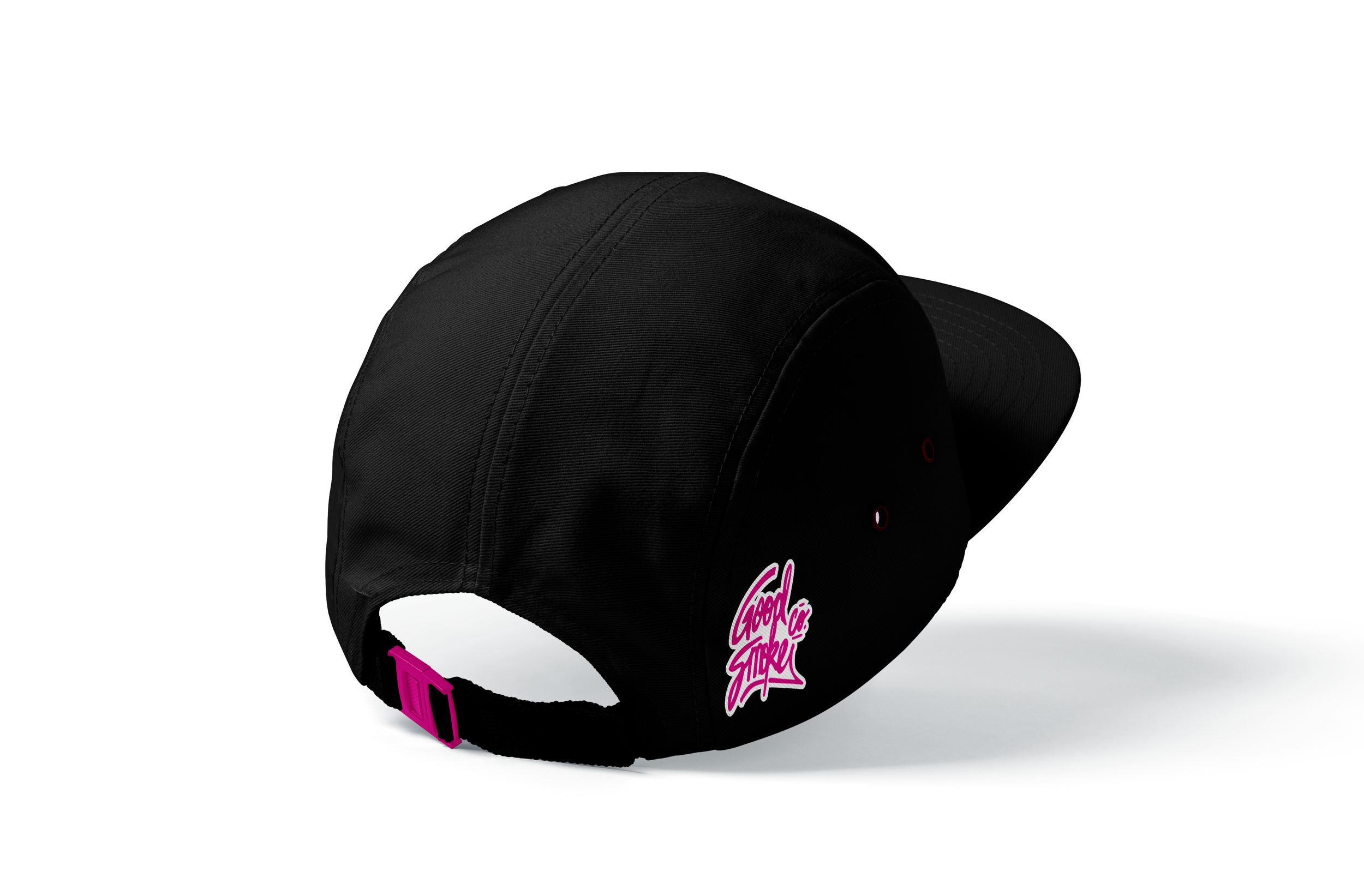 Black baseball cap with a pink and white ghost logo and a pink adjustable strap in the back.