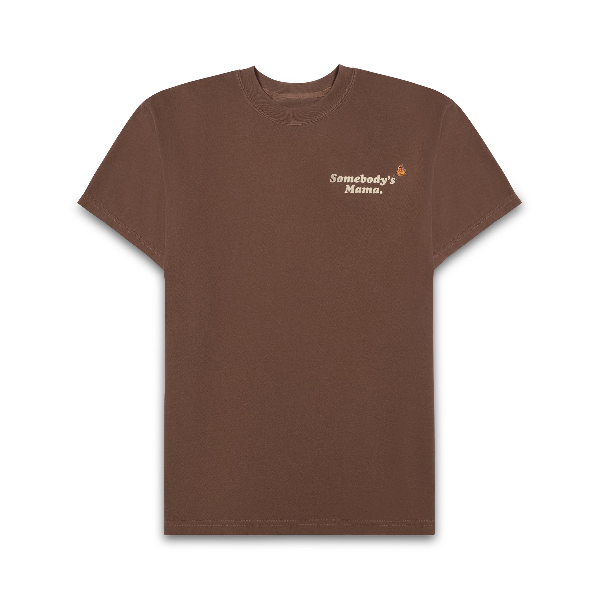 Brown T-shirt with small embroidered text 'Somebody's Mama.' and a small embroidered image of a fox on the upper left side.
