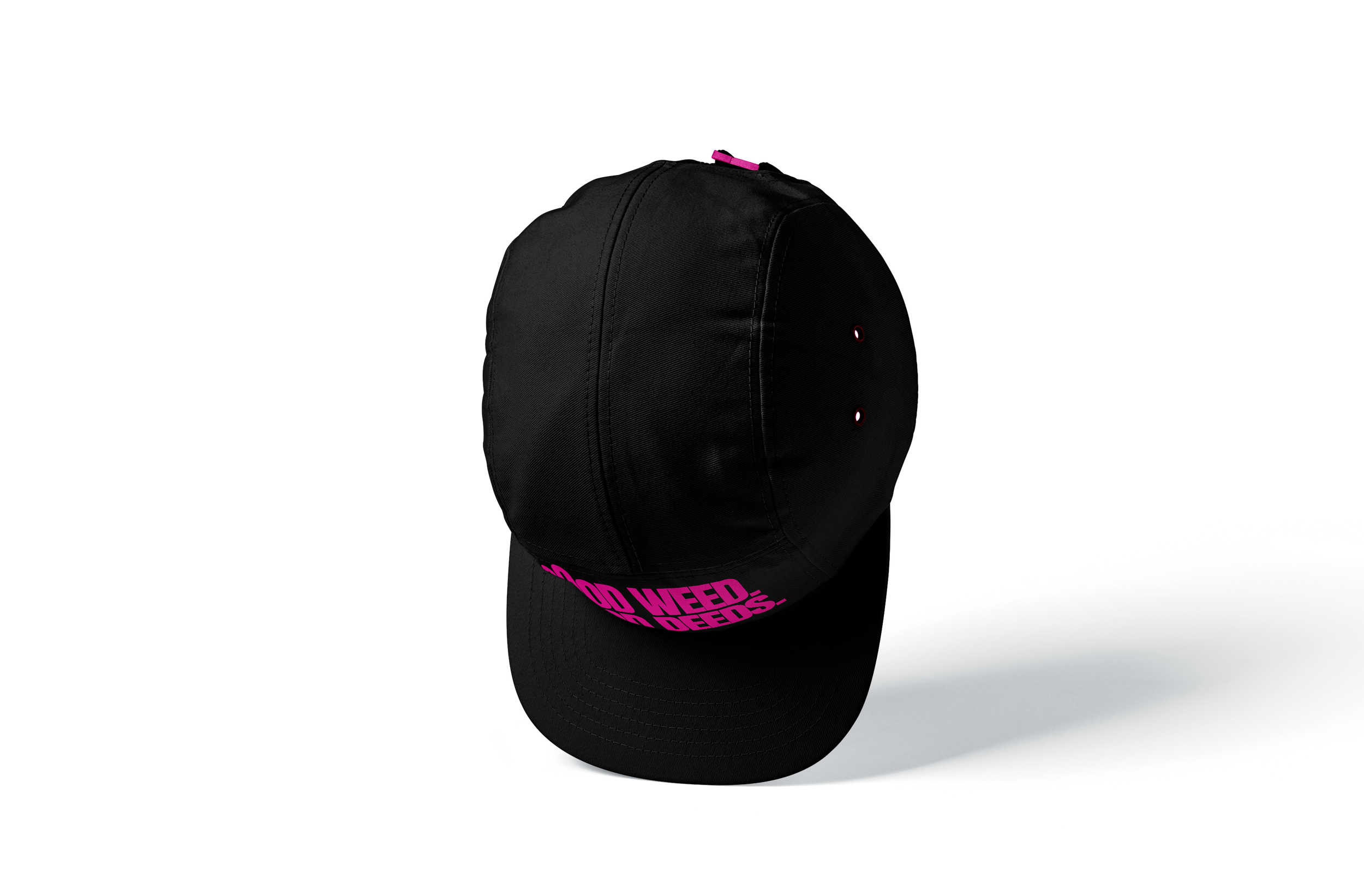Black baseball cap with pink text logo that reads 'WED WEED' on the brim, against a white background.