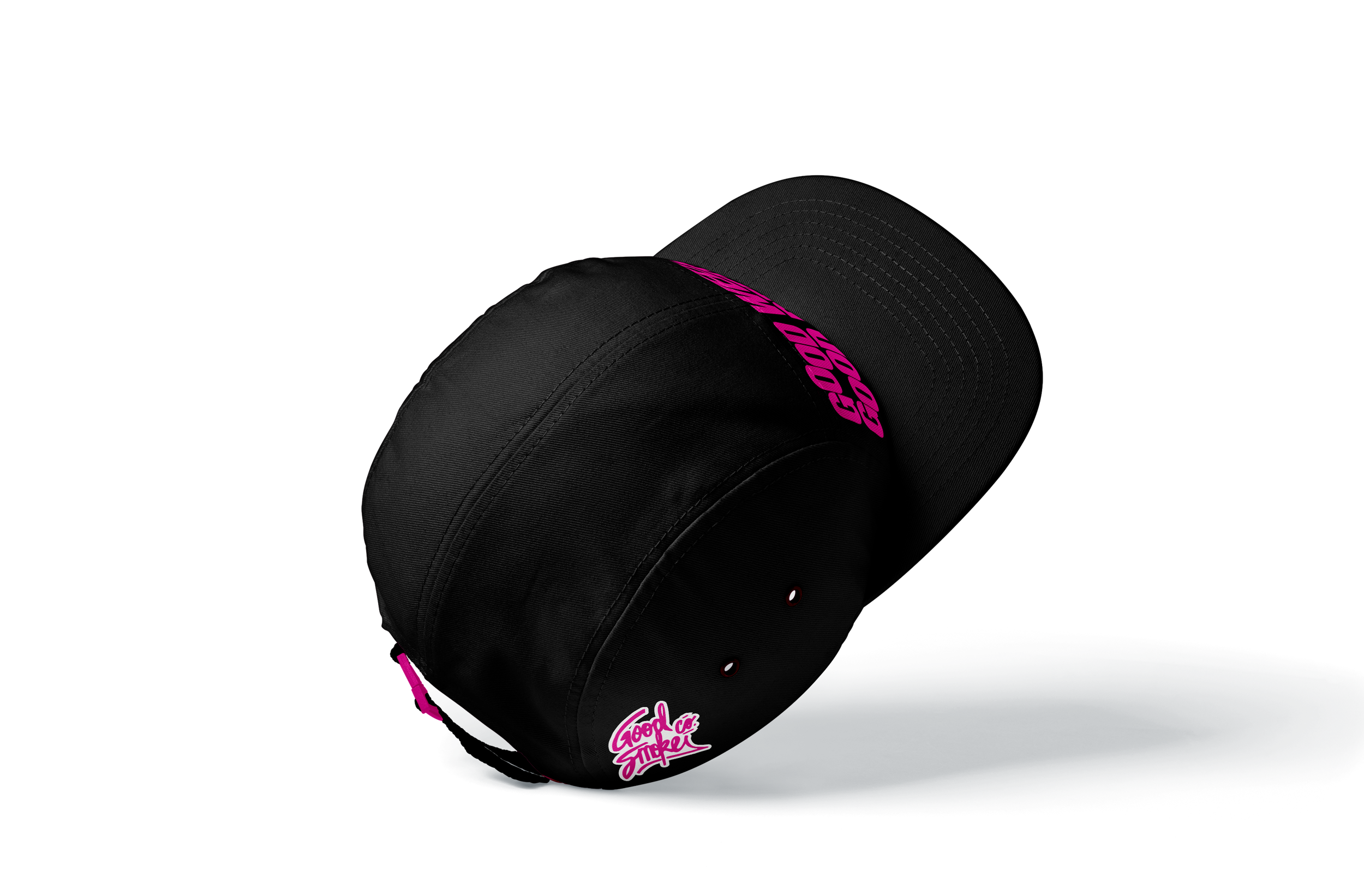 Black cap with pink 'Good & Sticky' logo and a pink strap, angled to show front and top.