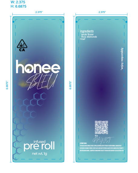 Design template for Honee Pre Roll packaging showing front and back panels with blue gradient background, product branding, ingredients, a QR code, and safety and usage information.