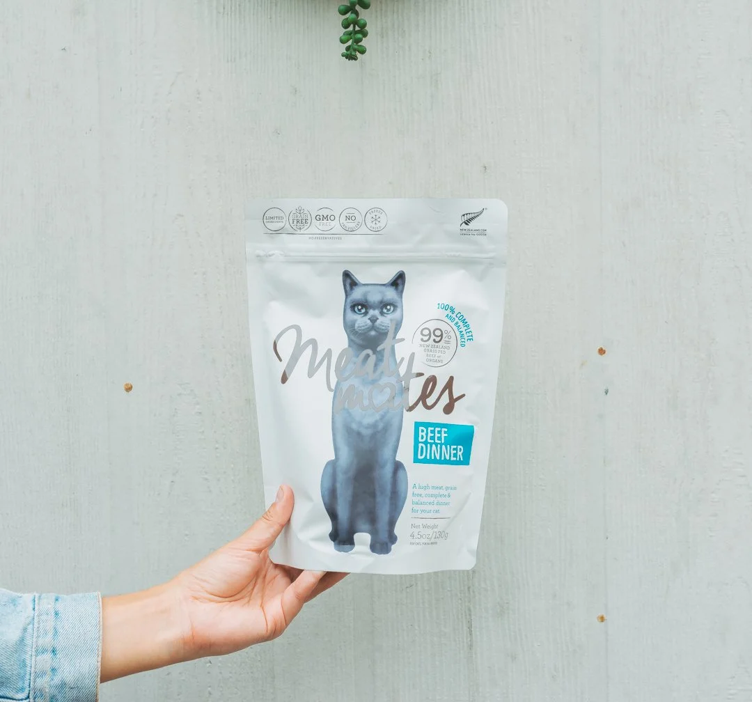 Hand holding a white package of beef-flavored cat food with a gray cat illustration on the front, against a light-colored background.