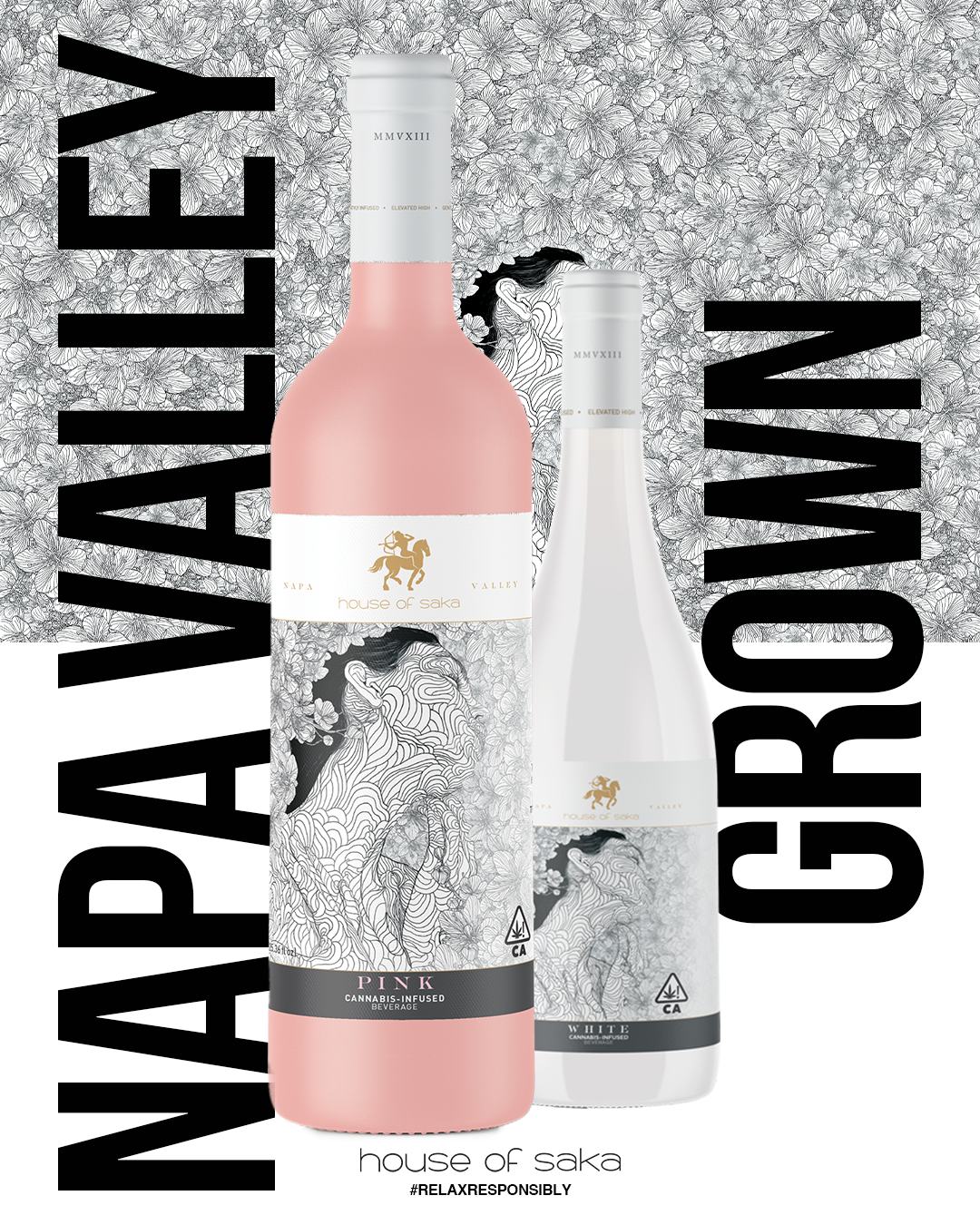 Two bottles of House of Saka cannabis-infused beverages, one pink and one white, positioned against a decorative black and white line art background with floral patterns and illustrations of a woman's face. Overlay text reads 'NAPAVIEW' and 'GROW' in