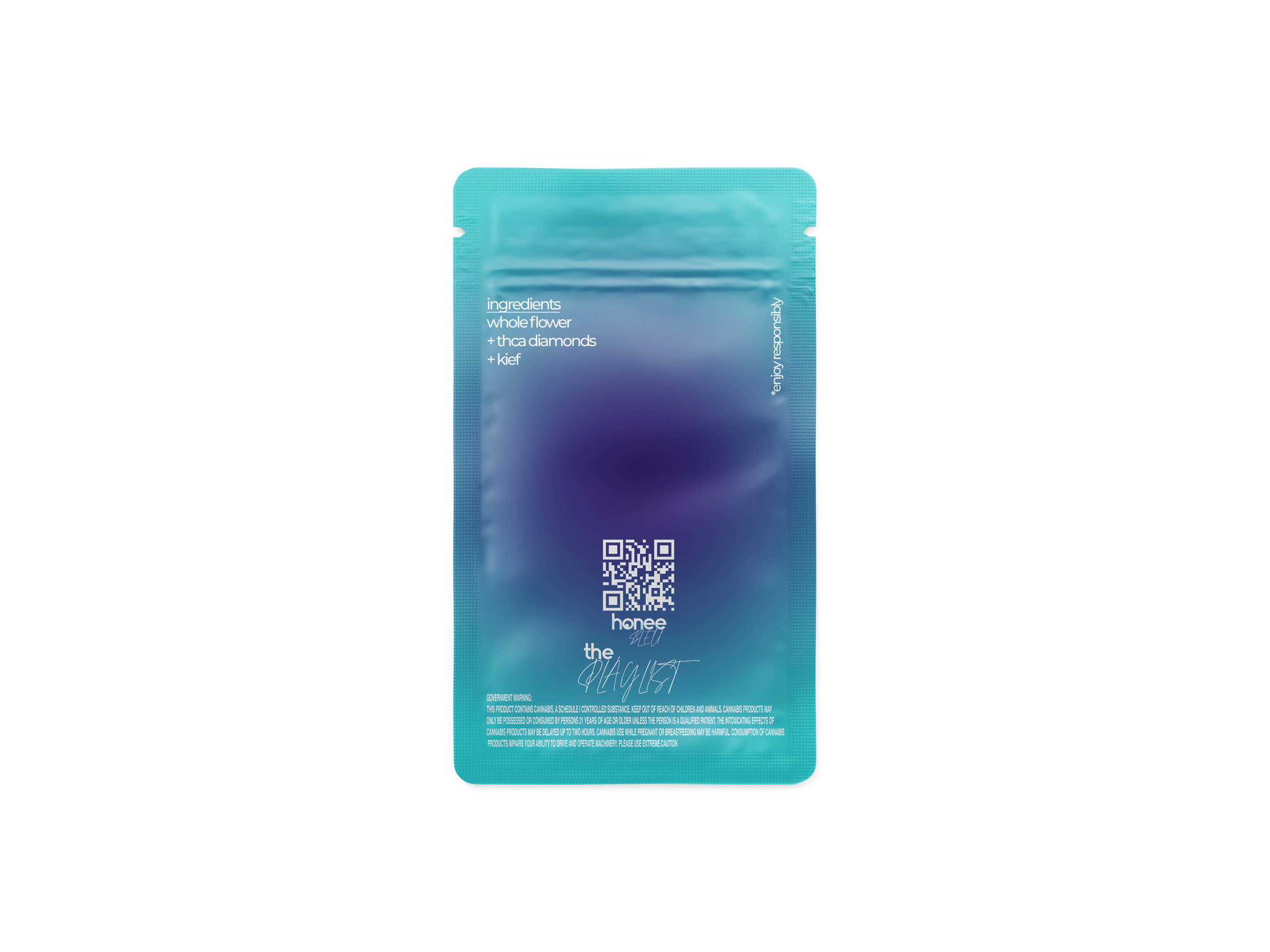 Back of a teal and blue cannabis product package with ingredient list and QR code.