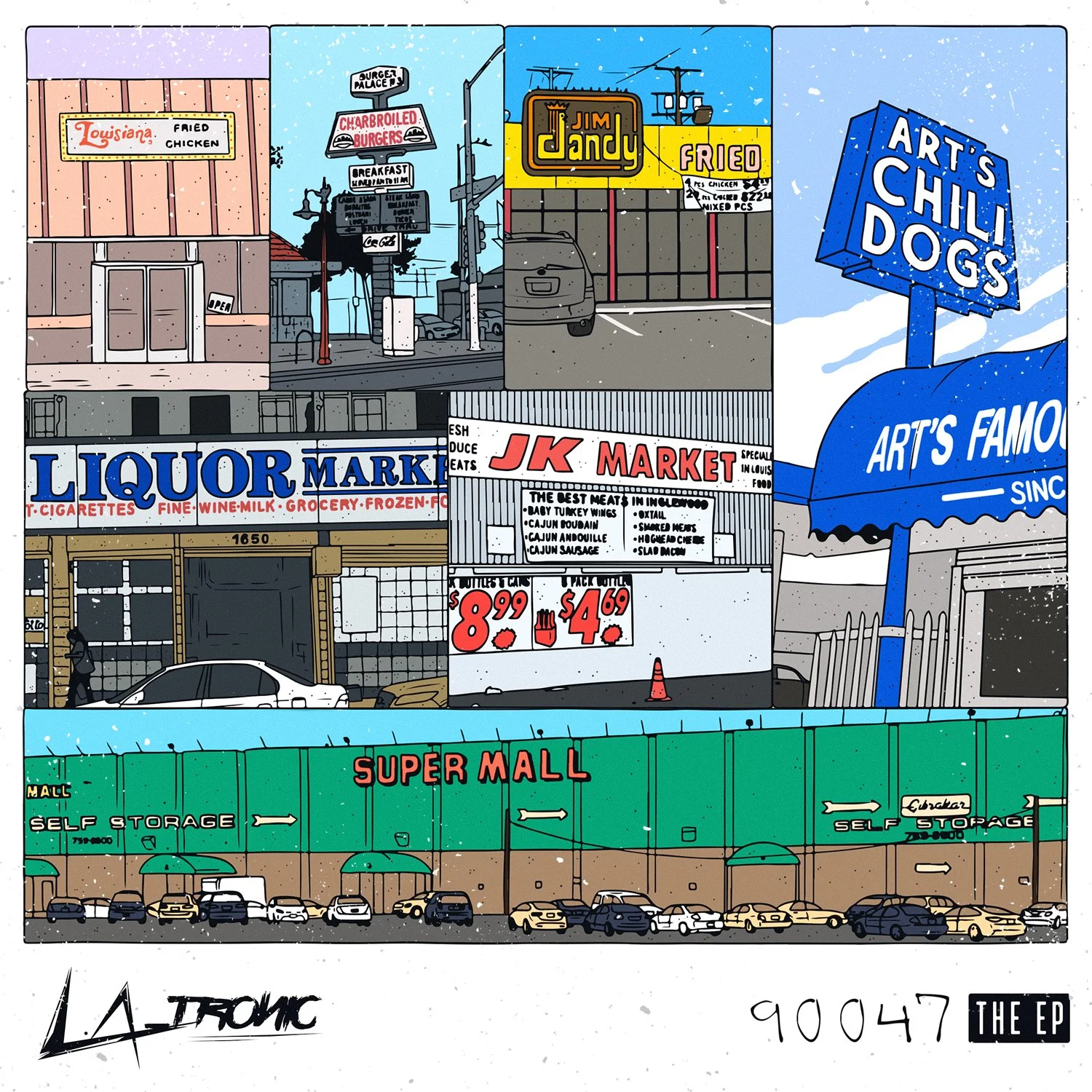 A colorful illustration of a shopping district with stores like a liquor store, a market, a fried chicken restaurant, a chili dog stand, and a super mall parking lot, with cars and signs indicating various businesses.