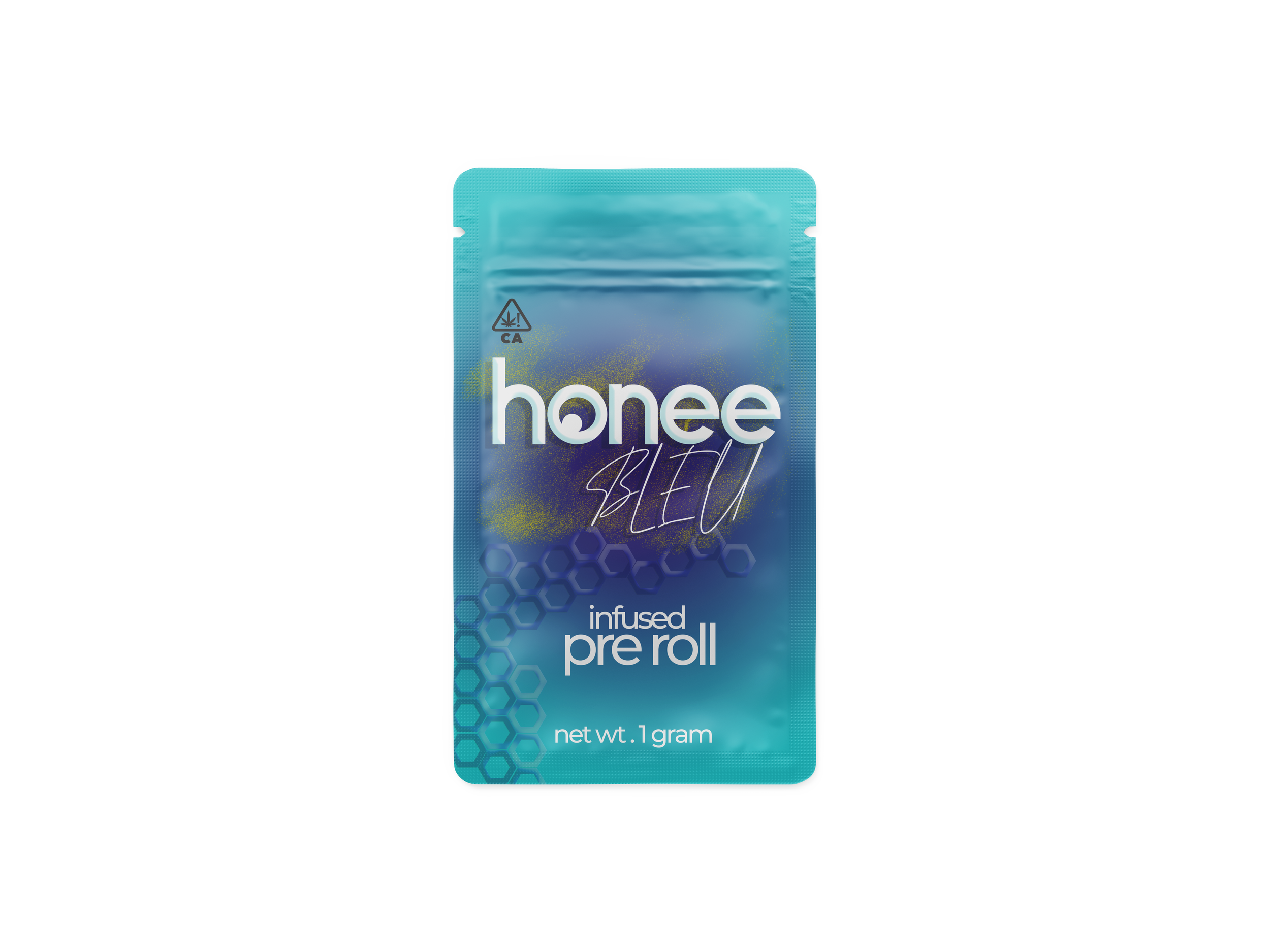 Blue and purple package of Honey Sage infused pre roll with honeycomb pattern, containing 1 gram.