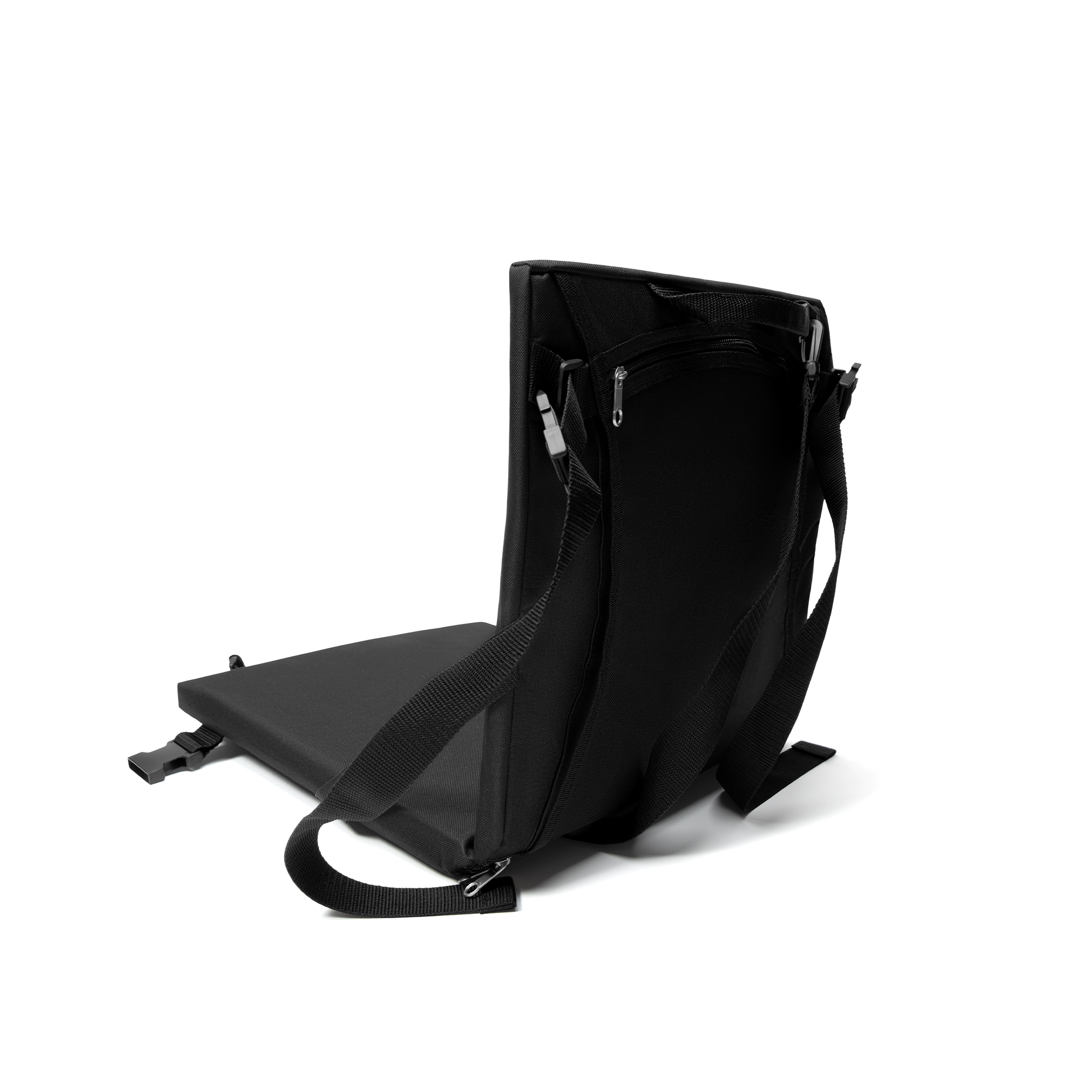 Black backpack with a laptop compartment on white background