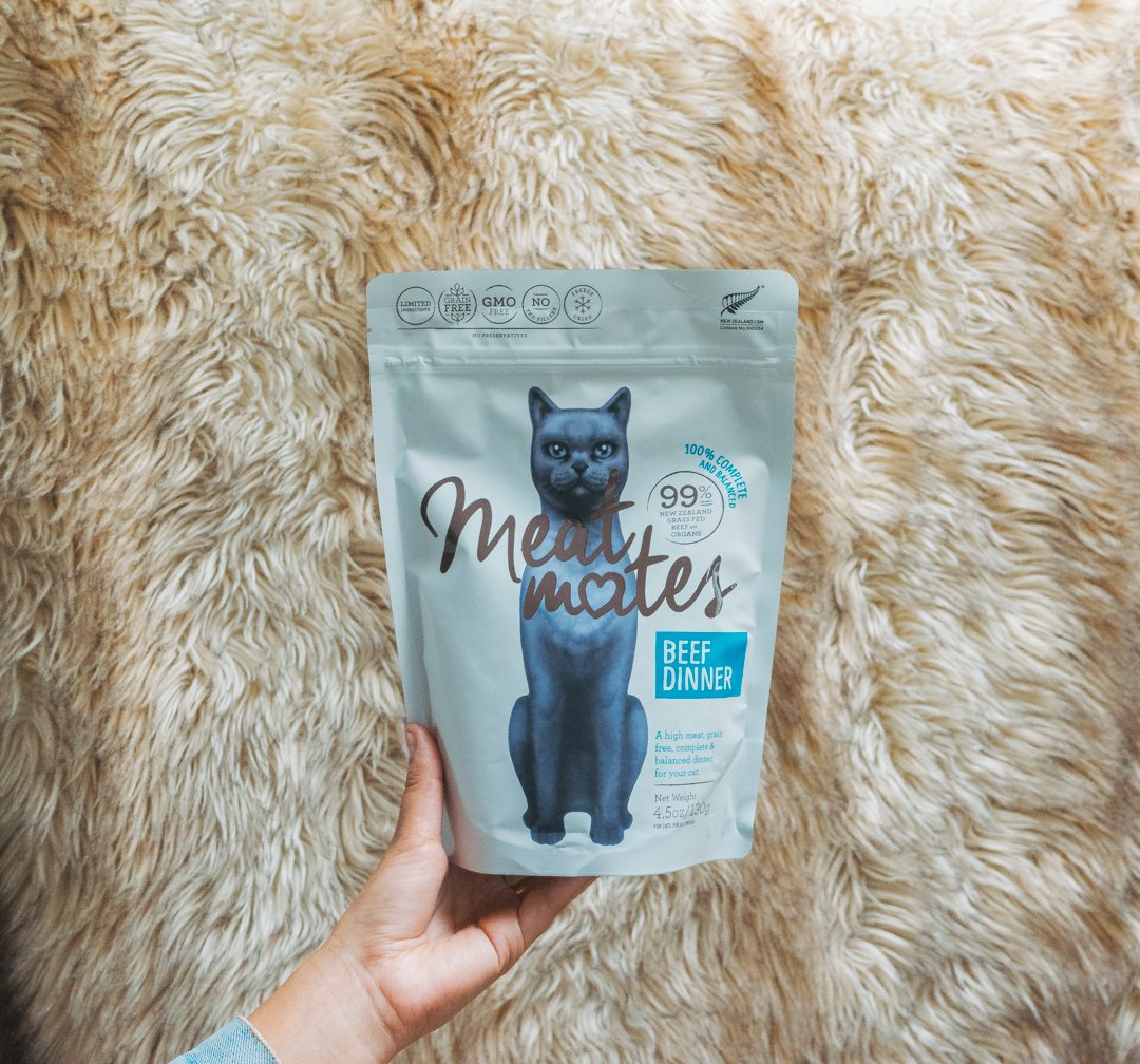 A hand holding a resealable package of Meat Mates Beef Dinner cat food, featuring a black cat illustration and text on a fluffy beige surface.