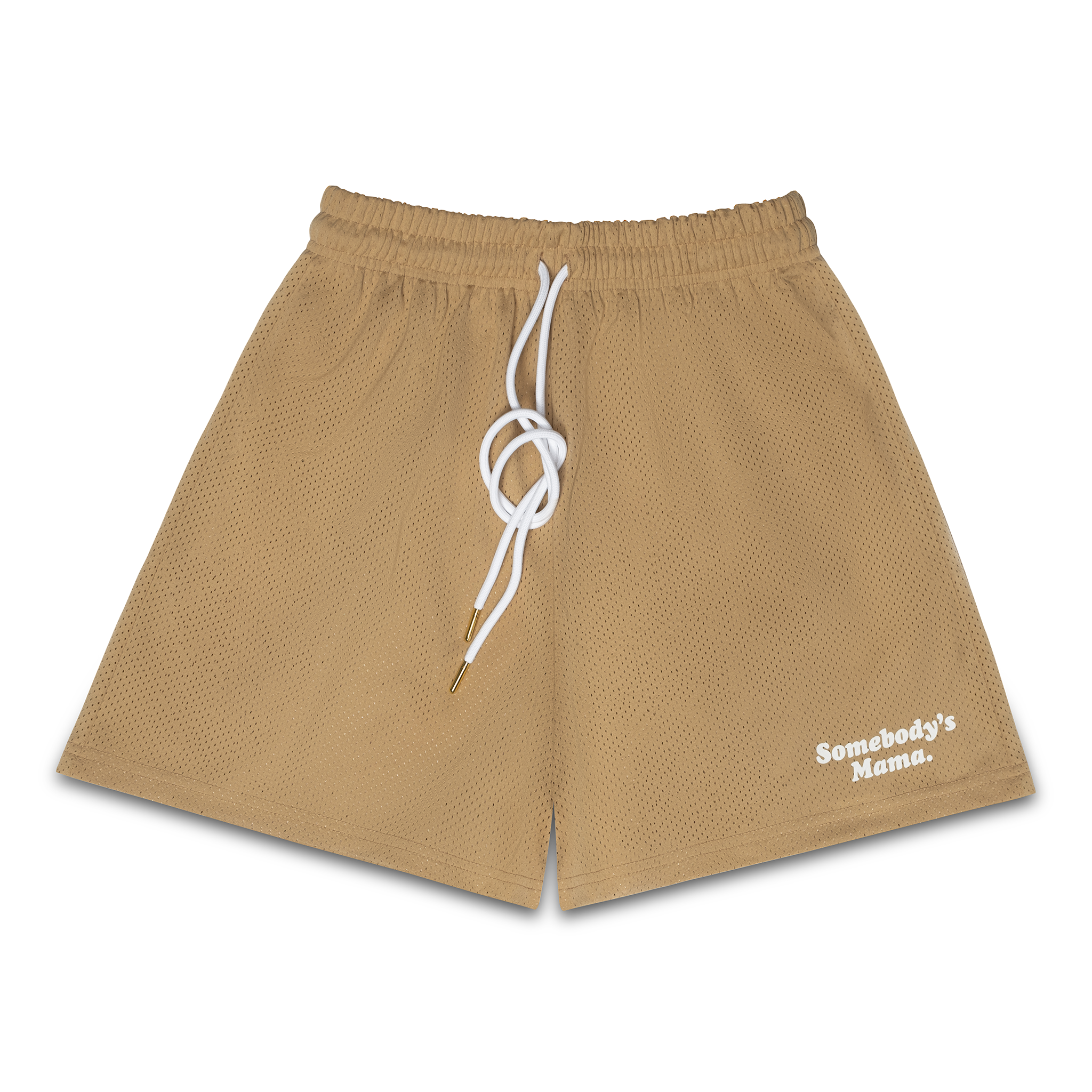 Tan athletic shorts with a drawstring and the text "Somebody's Mama" printed on the lower right side.