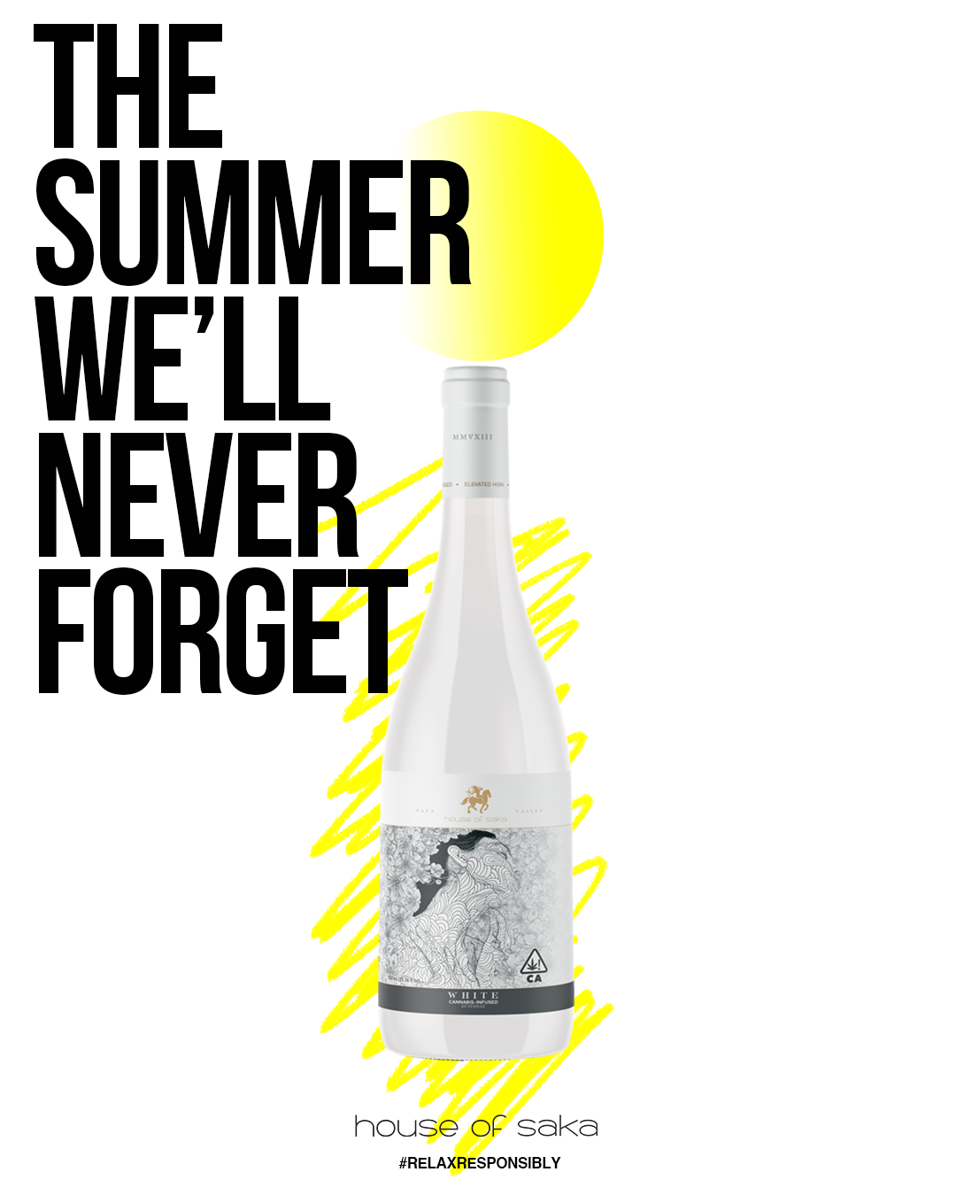 A white wine bottle with black and gray artwork, with yellow graphic elements, and a yellow sun behind the bottle; text reads 'The summer we'll never forget,' and includes social media hashtag #RELAXRESPONSIBLY.