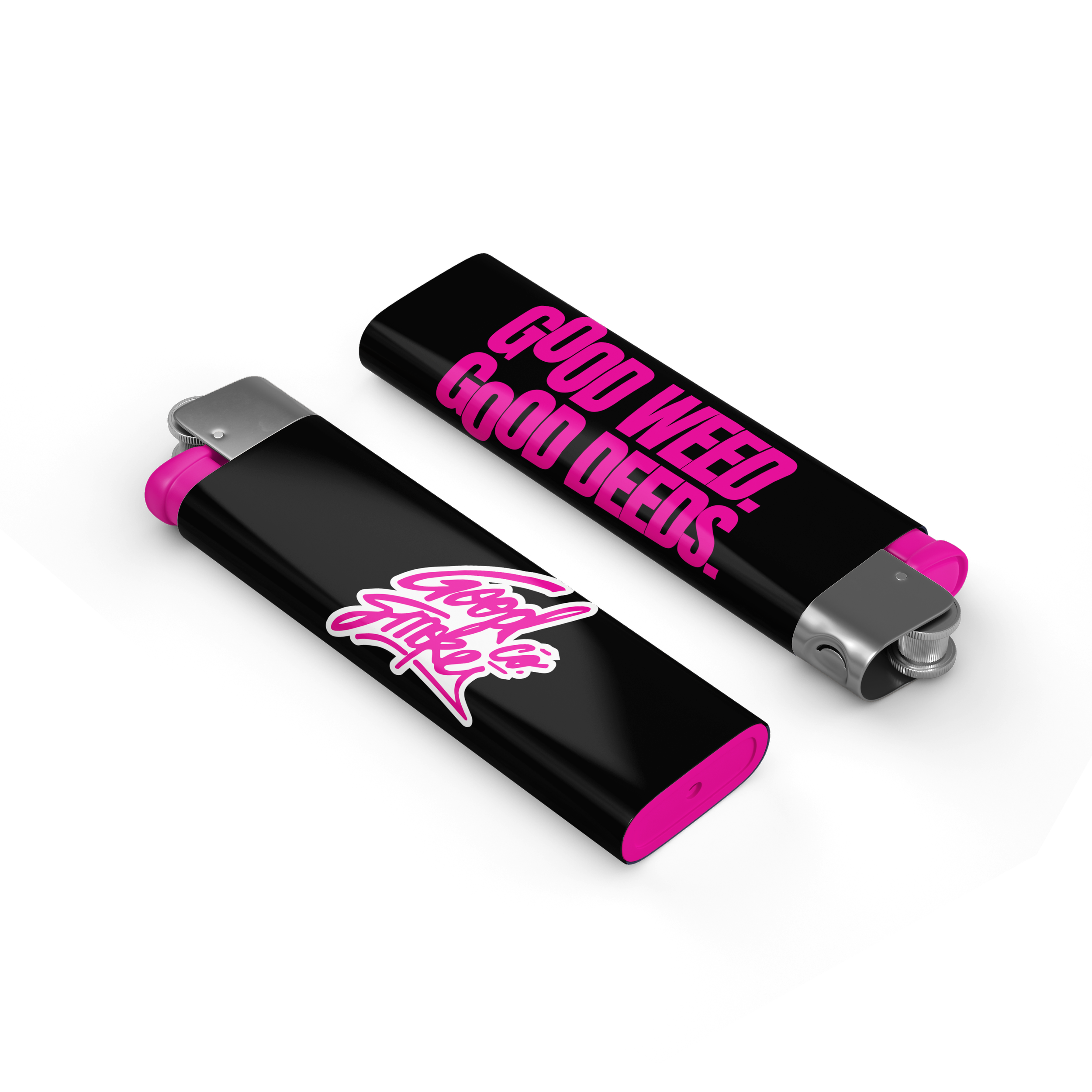 Two black Zippo-style lighters with pink accents, one with a sticker quote 'GOD WED! GOOD DEEDS.' and the other with a sticker saying 'GIRL POWER!'