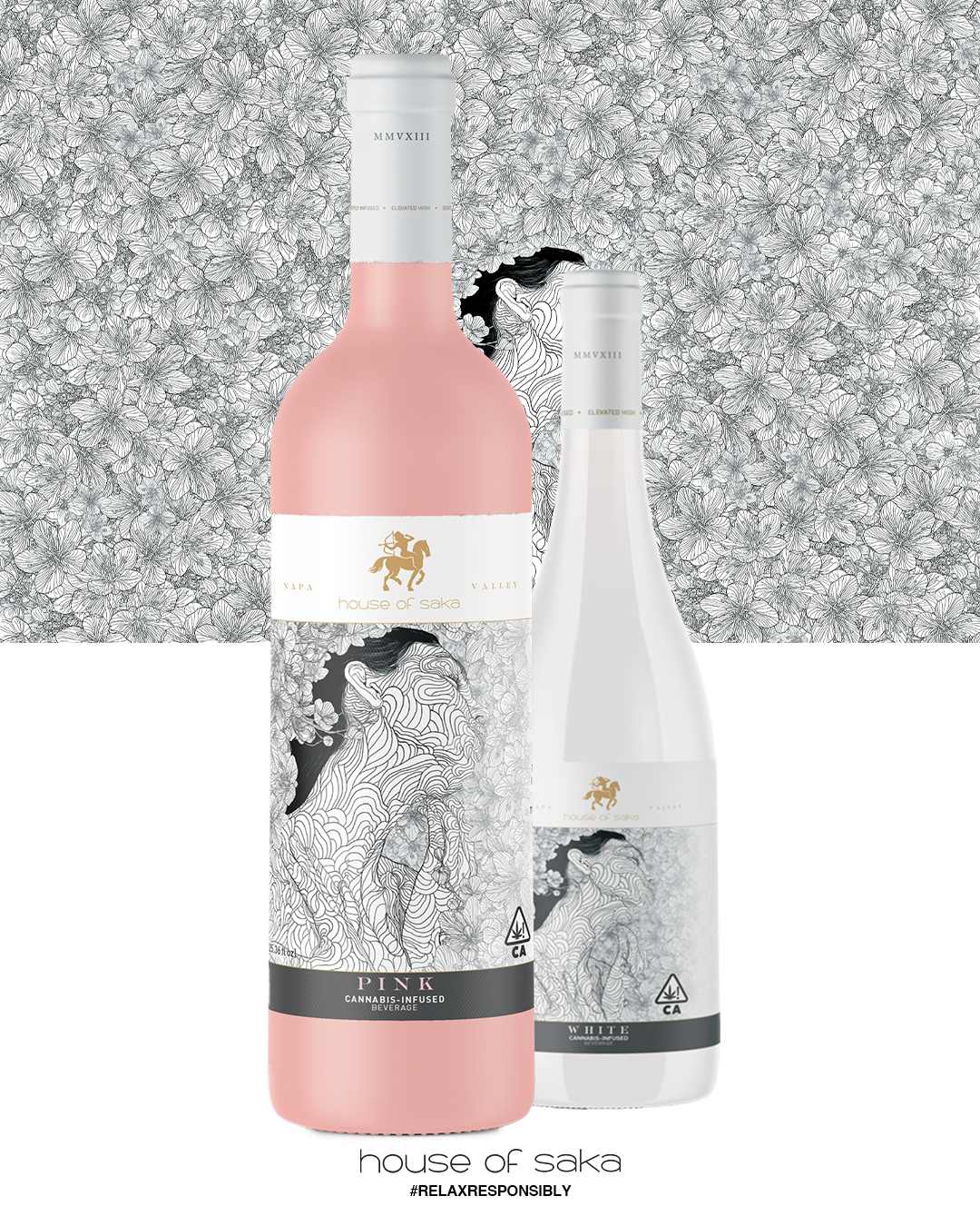 Two bottles of House of Saka cannabis-infused beverages, one pink labeled 'Pink' and one white labeled 'White', with intricate black and white line art of a woman's face and hair adorned with flowers in the background.