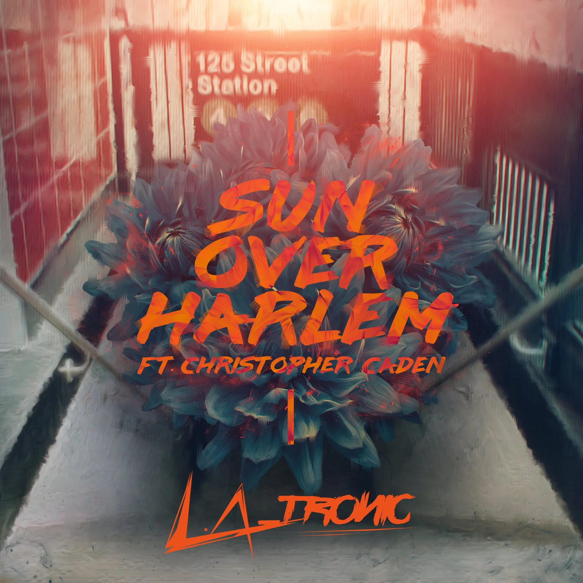 A digital artwork featuring a large flower with dark purple and grayish petals, overlaid with bold orange text. The text reads: "1 Sun Over Harlem ft. Christopher Caden." The background includes a red brick wall and a street sign that says "120 Stree