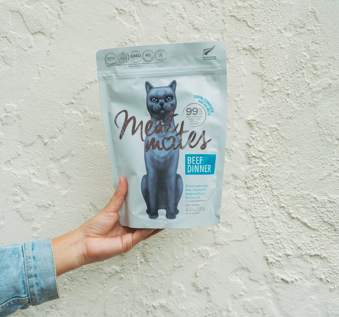 A person holding a bag of Cat Meaty Mates Beef Dinner cat food against a textured wall.