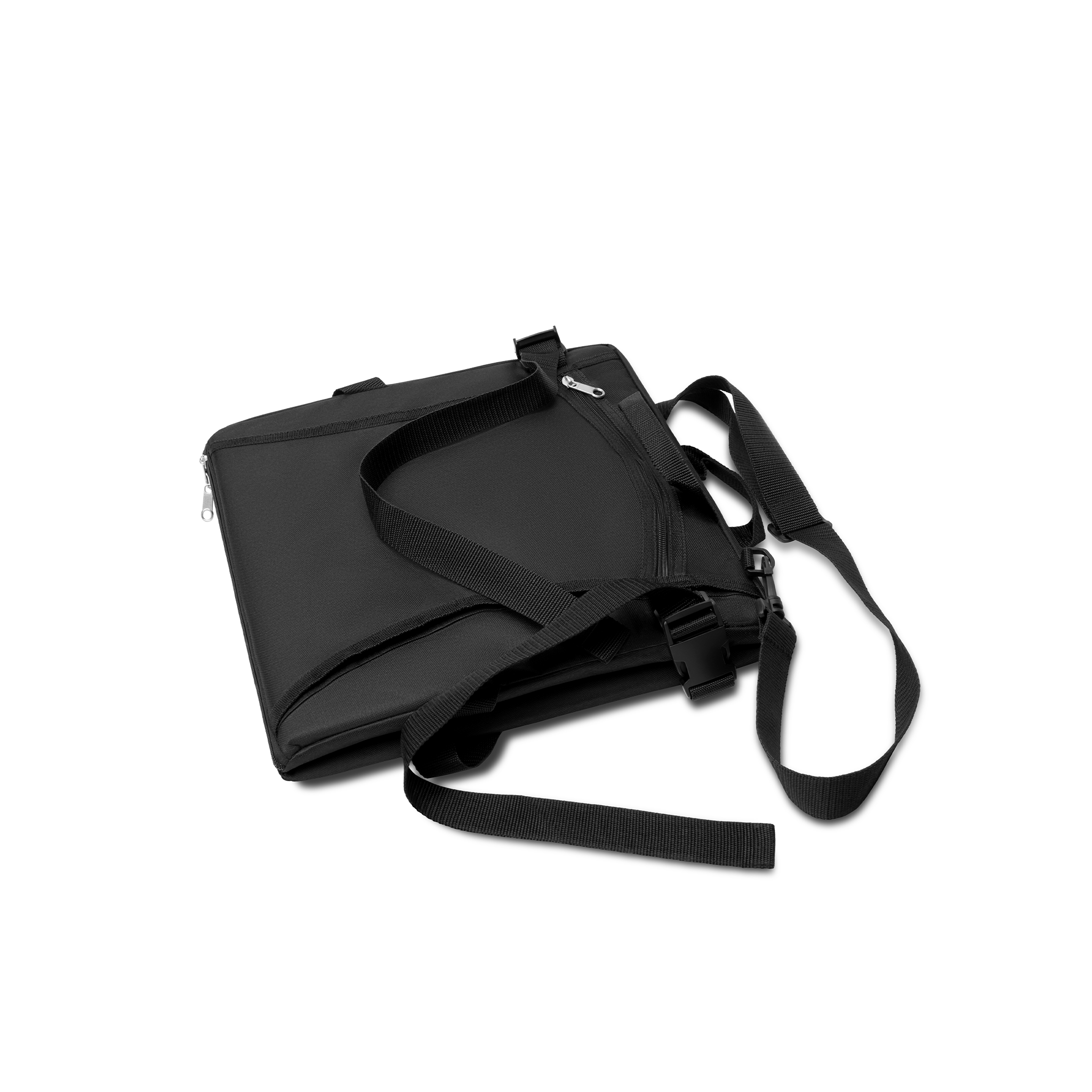 Black laptop or briefcase bag with adjustable shoulder strap and zipper compartments