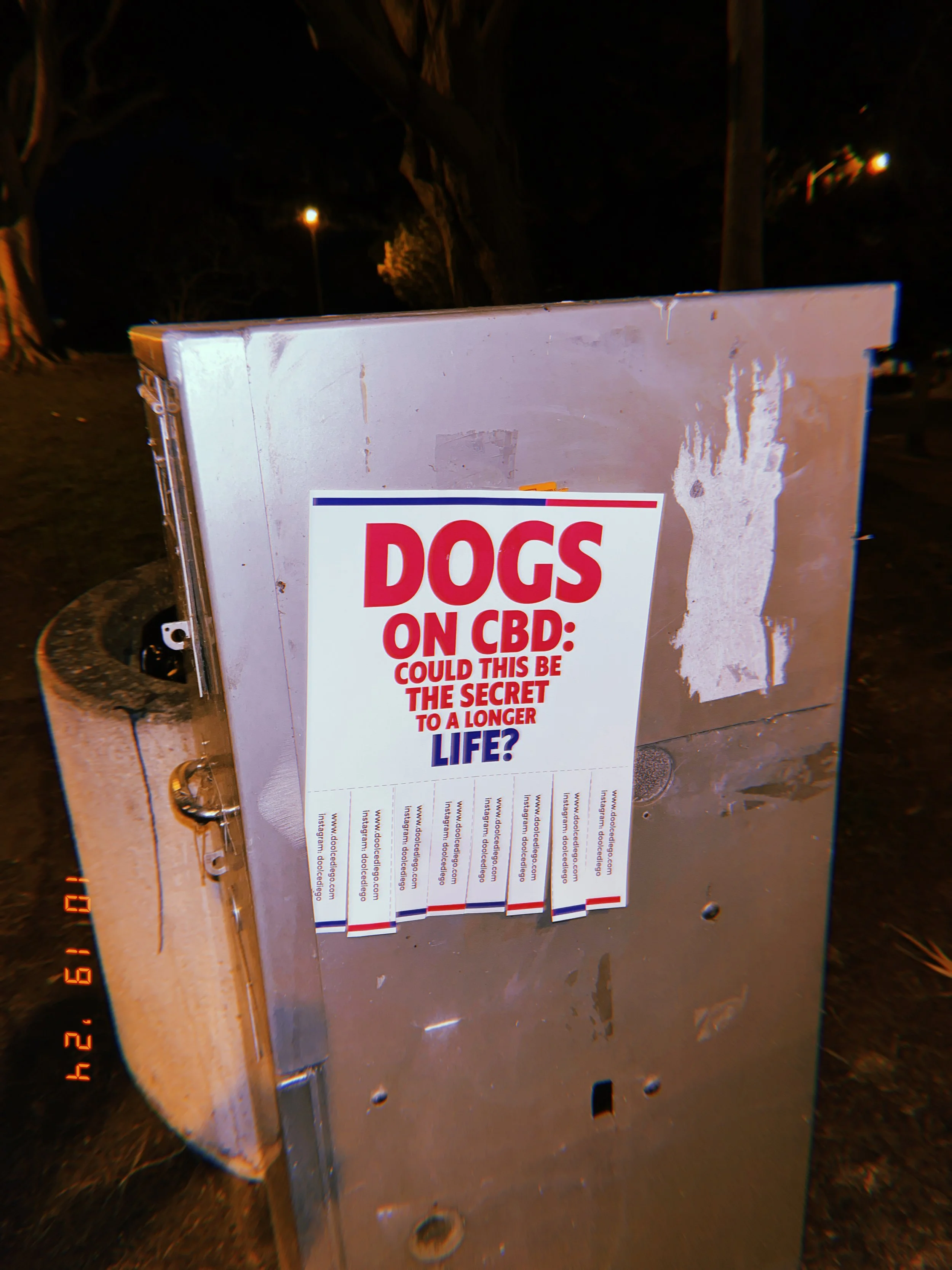 A silver metal food vending machine with a flyer that reads "Dogs on CBD: Could this be the secret to a longer life?" attached to the front at night, with trees and streetlights in the background.