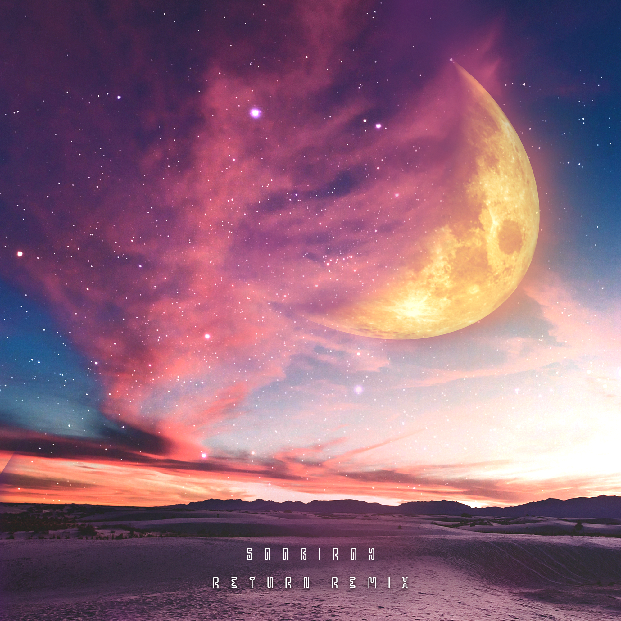 Night sky scene with a large yellow moon, numerous stars, pink and purple clouds, and a desert landscape at sunset with mountains in the background. Text reads 'SONGBIRDS REMIX'.