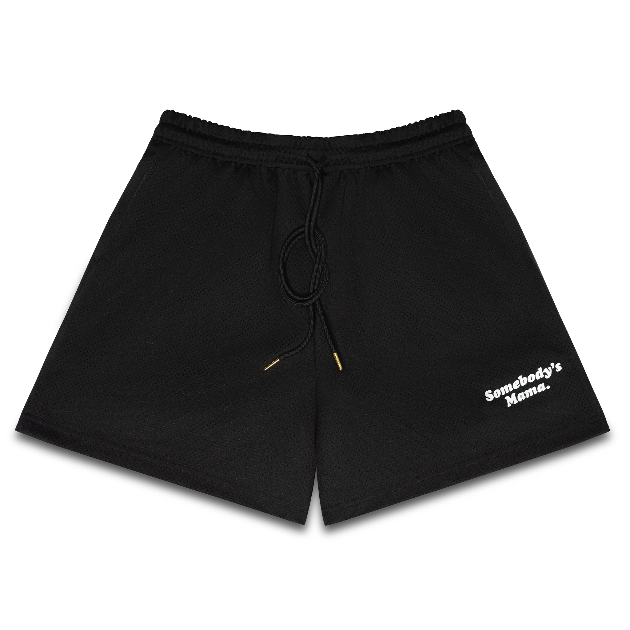 Black athletic shorts with white text that reads 'Somebody's Mama' on the lower right leg.