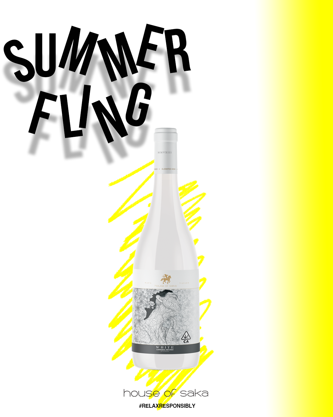 A white wine bottle with a label featuring a black and white illustration, set against a background with yellow streaks. The words 'SUMMER FLING' in large, black, stylized letters are at the top left, with shadows. The phrase '#RELAXRESPO NIV' is at the bottom, with 'house of sako' in smaller text.