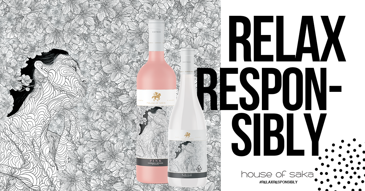 Line art illustration of a woman surrounded by flowers, with two bottles of wine in front and text that says "Relax Responsibly" and "house of sako".