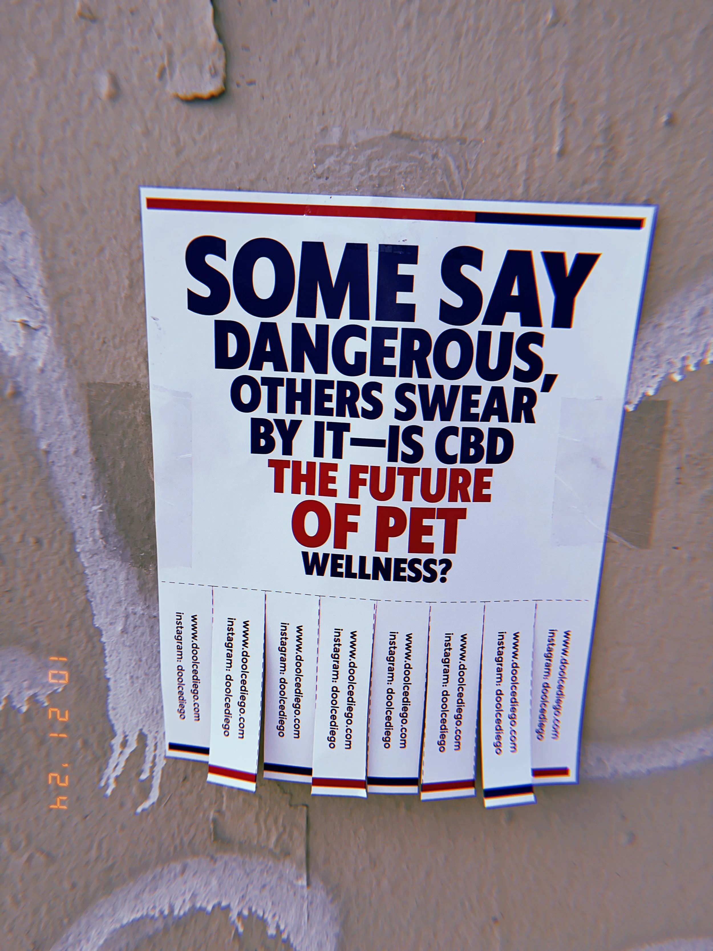 A poster on a brick wall promoting the benefits of CBD for pet wellness, with website and social media information at the bottom.