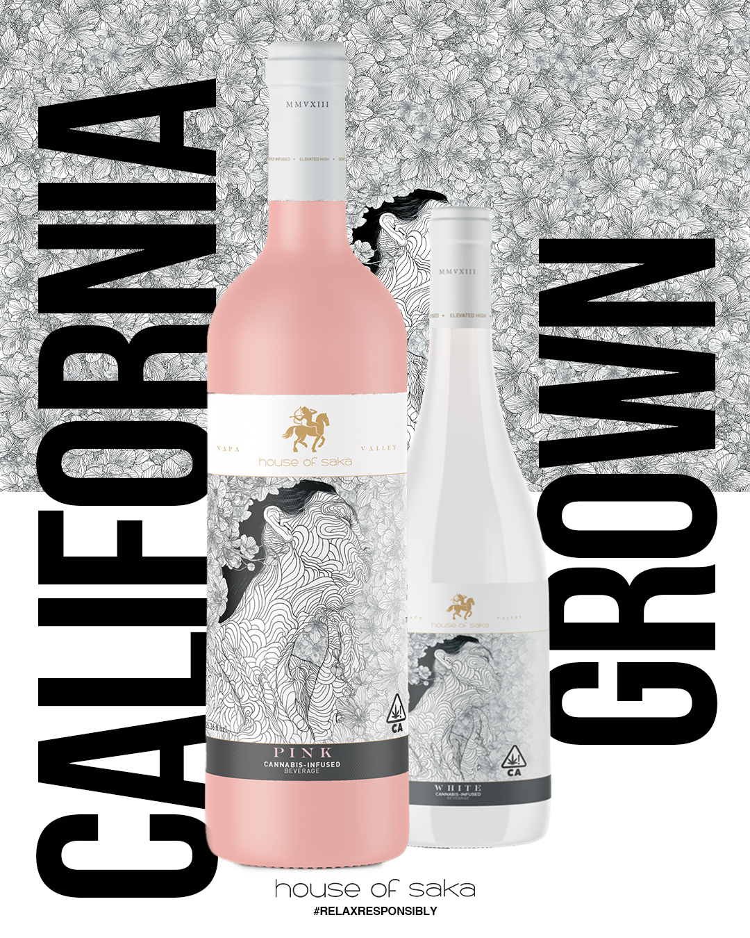 Cannabis-infused beverage bottles labeled "Pink" and "White" by House of Saka, with intricate line art illustrations of a woman, flowers, and a horse in the background, and bold black text "CANNABIS INFOGRAPHIC" on the sides.