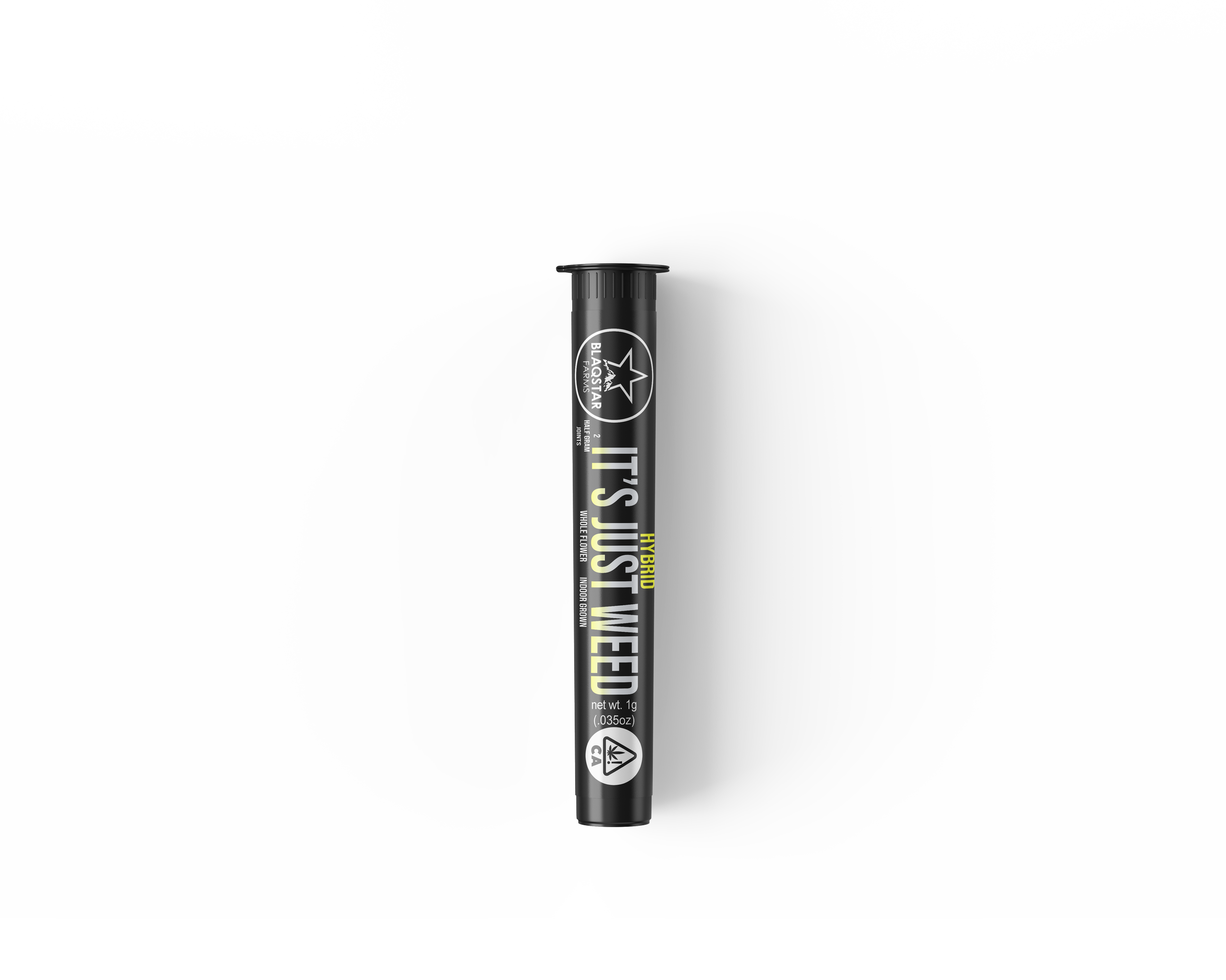 Black cannabis edible tube labeled "It's Just Weed" with brand logo and warning symbol on white background.