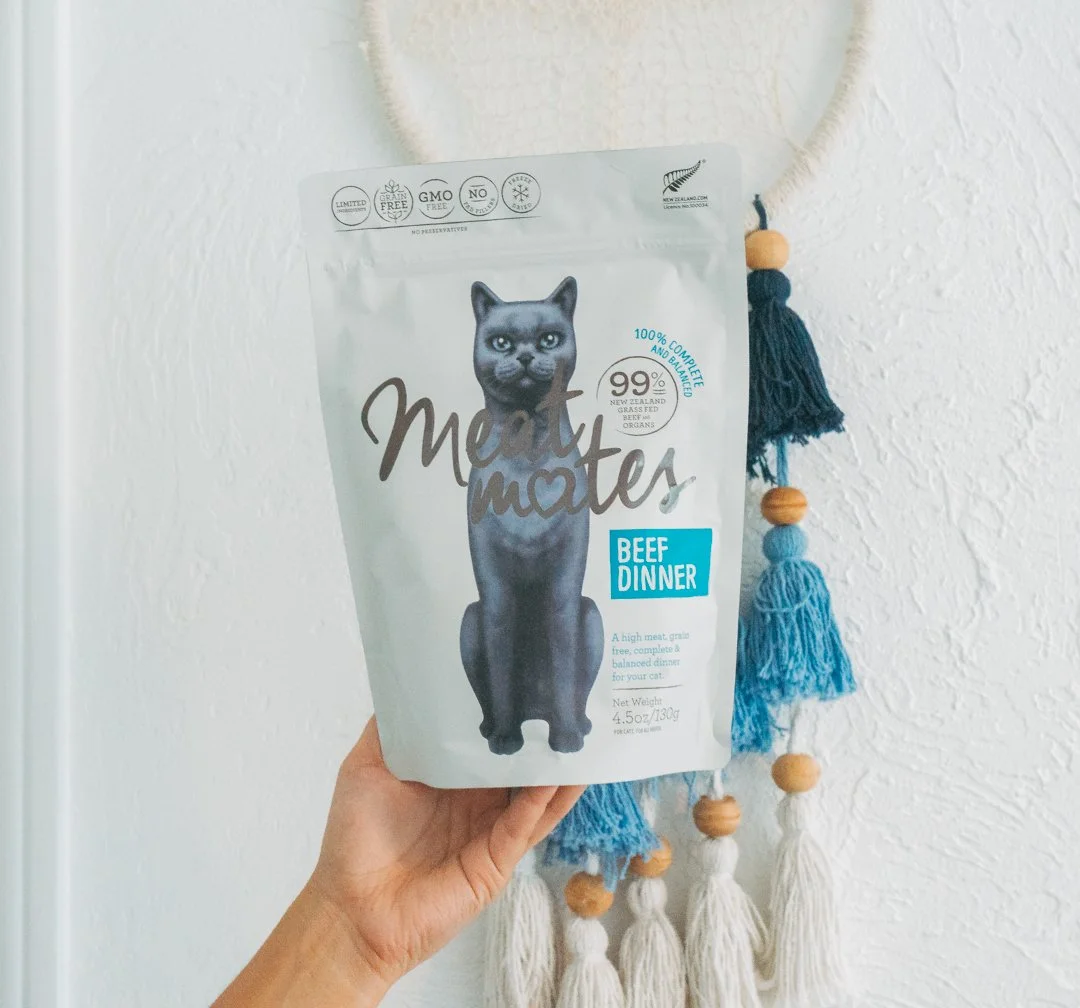 Bag of Meow Mates Beef Dinner cat food held up against a wall with a tasseled hanging decor in the background.