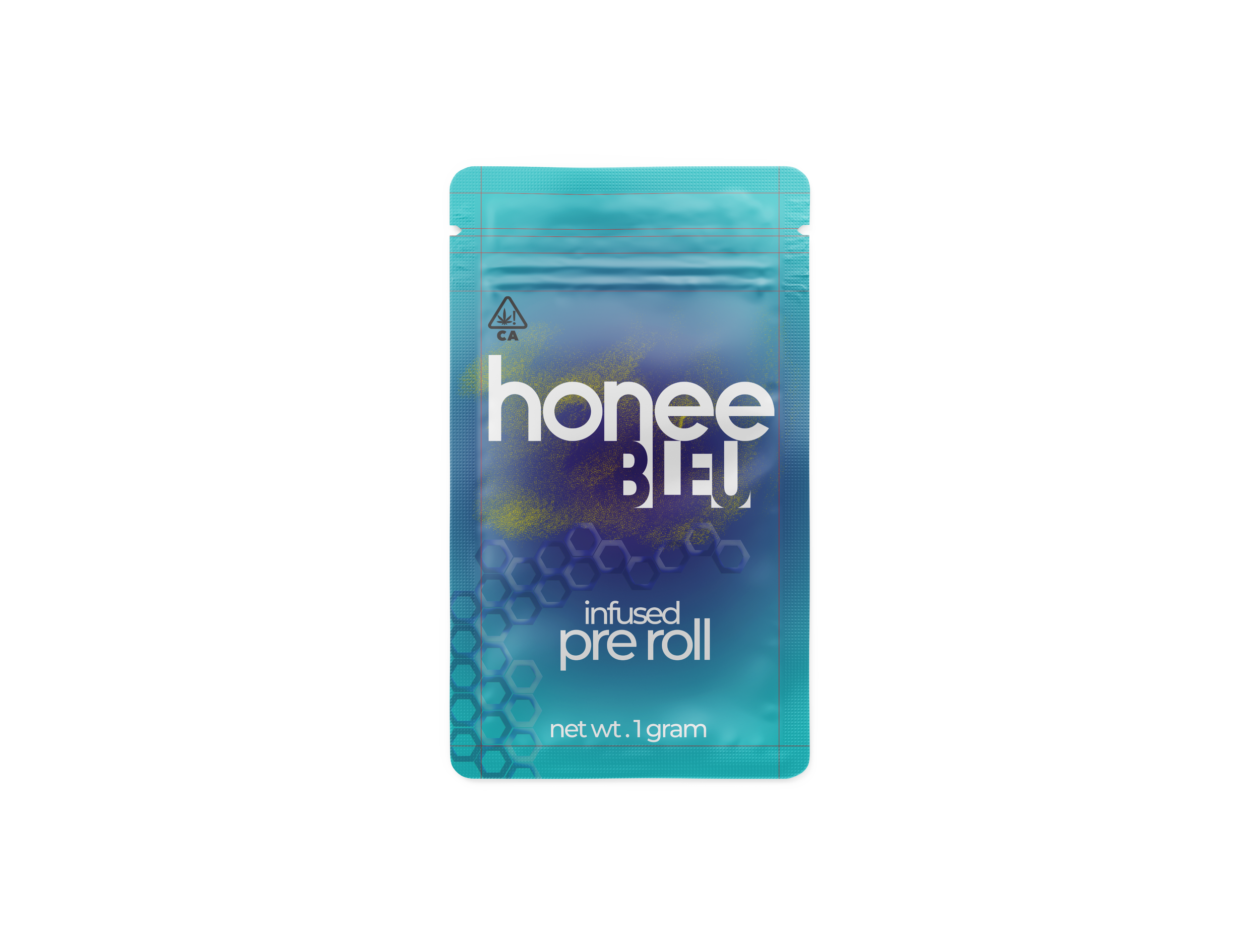Blue packaging pouch with the label 'honey blue infused pre roll', containing 1 gram, with graphic design elements and a CA warning symbol.