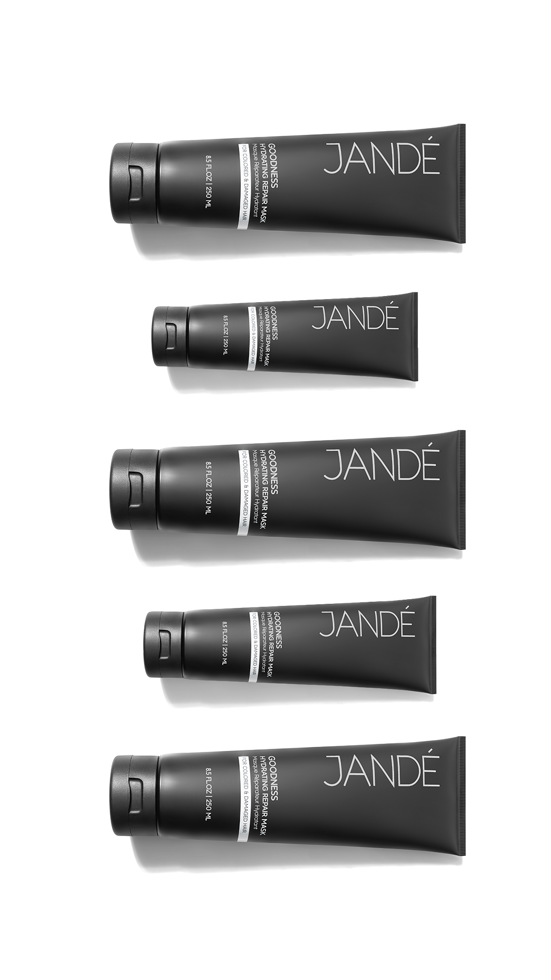 Five black tubes of JANDÉ GROUNDINGS Hydrating Repair Mask arranged vertically on a white background.