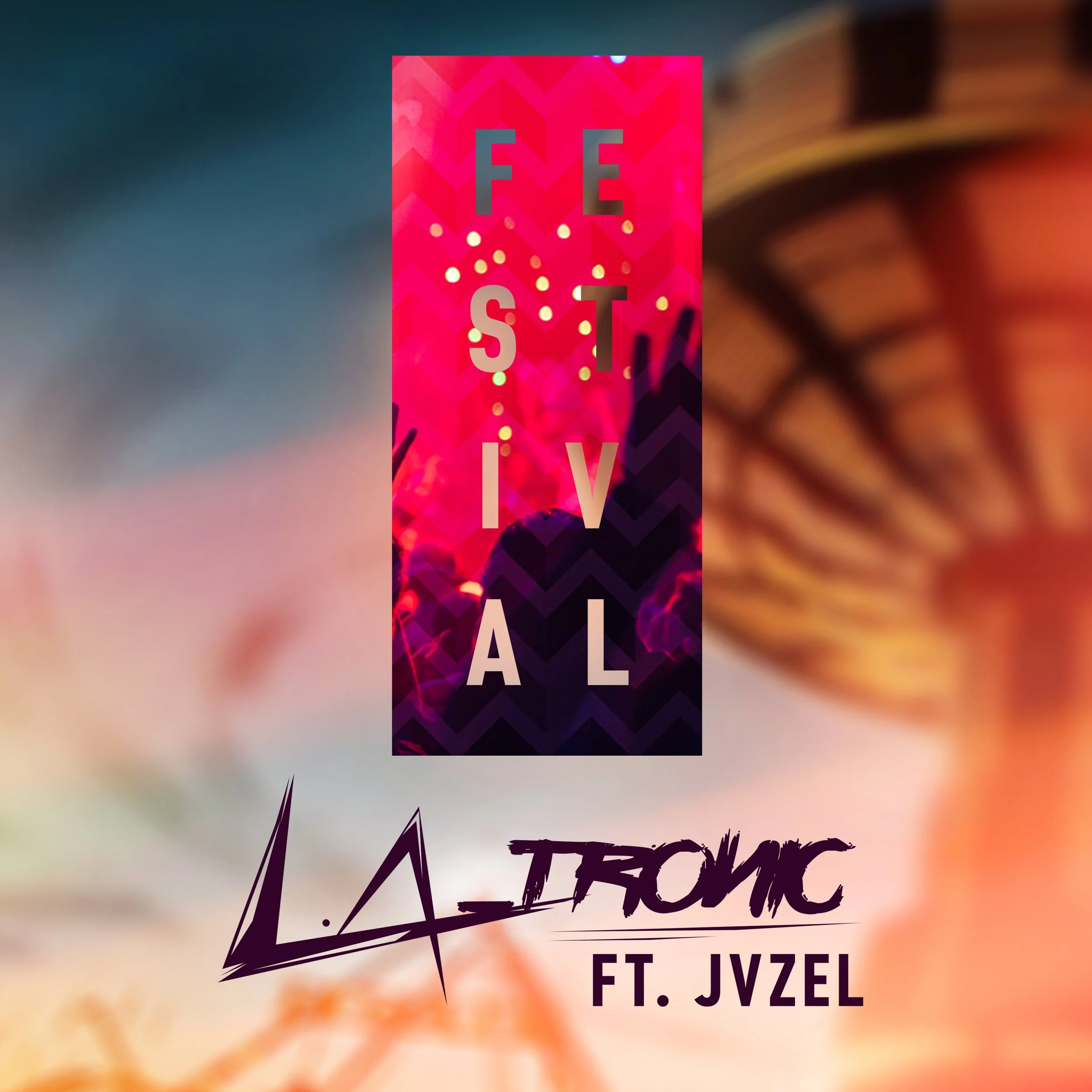 A promotional poster for a music single featuring the song title 'Feel Stival' by La_DROMIC featuring Jvzel. The poster has vibrant pink and purple colors, an abstract background with indistinct crowd figures, and stylized text.