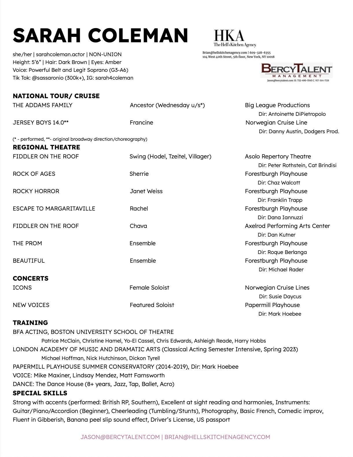 A resume of Sarah Coleman, an actress, detailing her education, experience, and skills, with contact information and a list of performances and training.