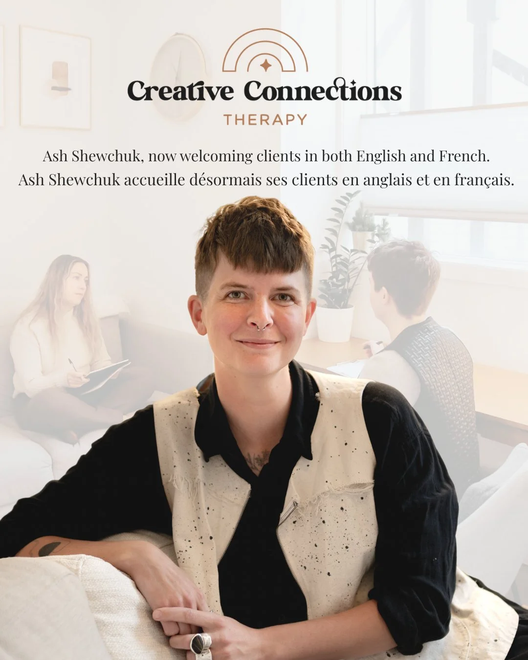 🌿 We're pleased to share that Ash Shewchuk is now offering therapy sessions in French, in addition to English.⁠
⁠
Ash supports teens and adults (16+) through individual talk therapy, as well as couples and relationship counselling. Her approach is c